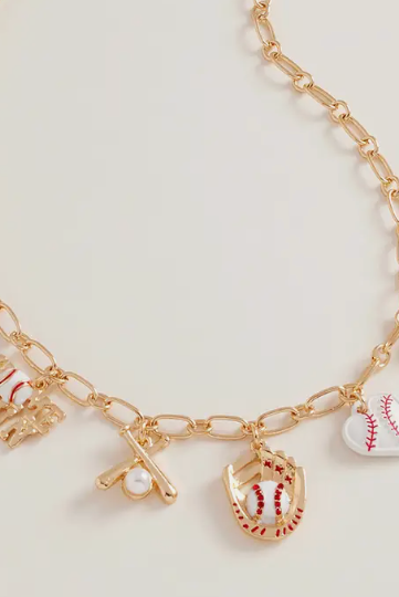 Baseball Pearl Bow Charm Necklace-Necklaces-Dear Me Southern Boutique, located in DeRidder, Louisiana