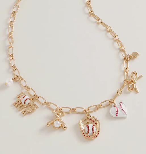 Baseball Pearl Bow Charm Necklace-Necklaces-Dear Me Southern Boutique, located in DeRidder, Louisiana
