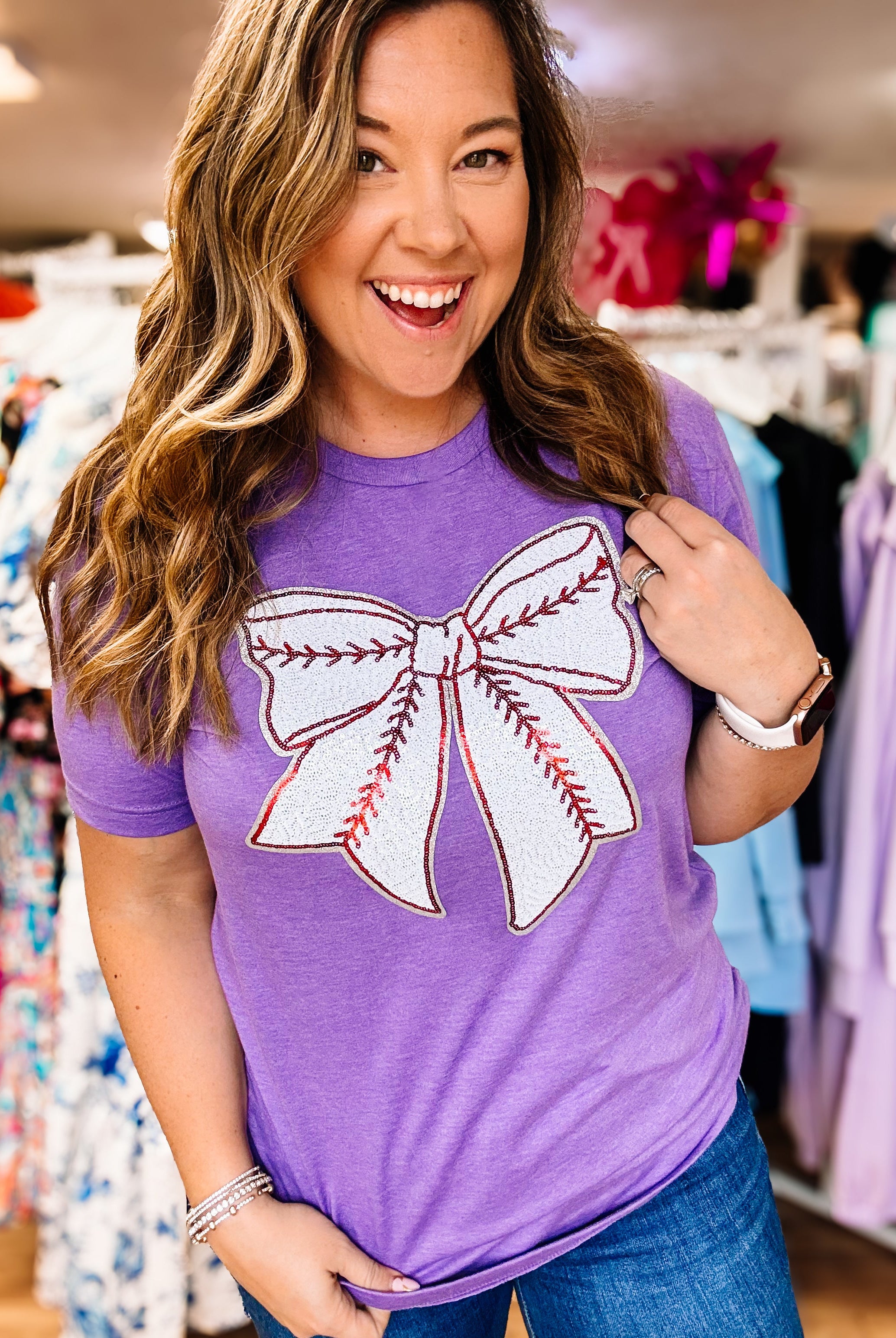 Bases Loaded Baseball Bow Tee- Purple-Graphic Tops-Dear Me Southern Boutique, located in DeRidder, Louisiana