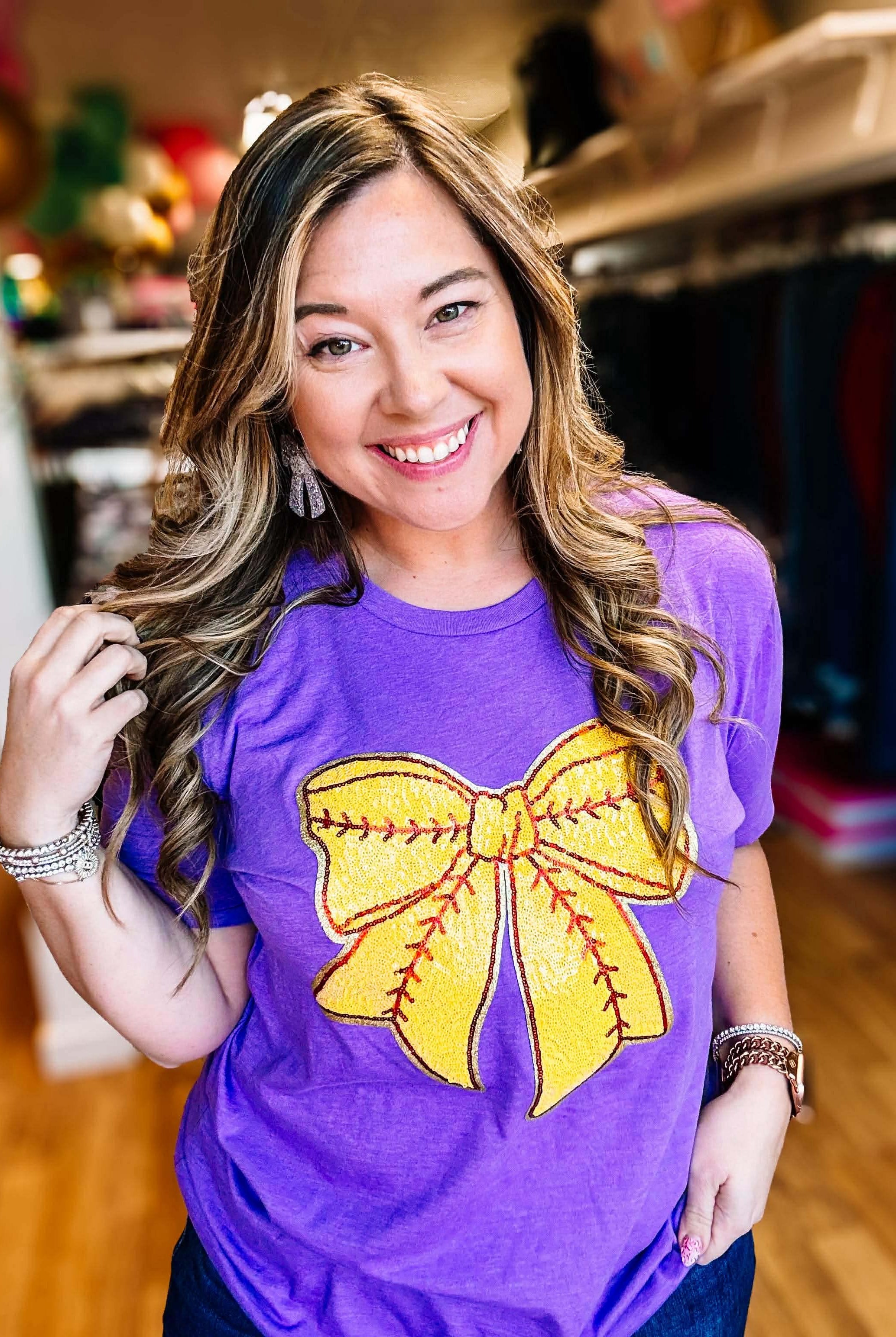 Bases Loaded Softball Bow Tee-Graphic Tops-Dear Me Southern Boutique, located in DeRidder, Louisiana