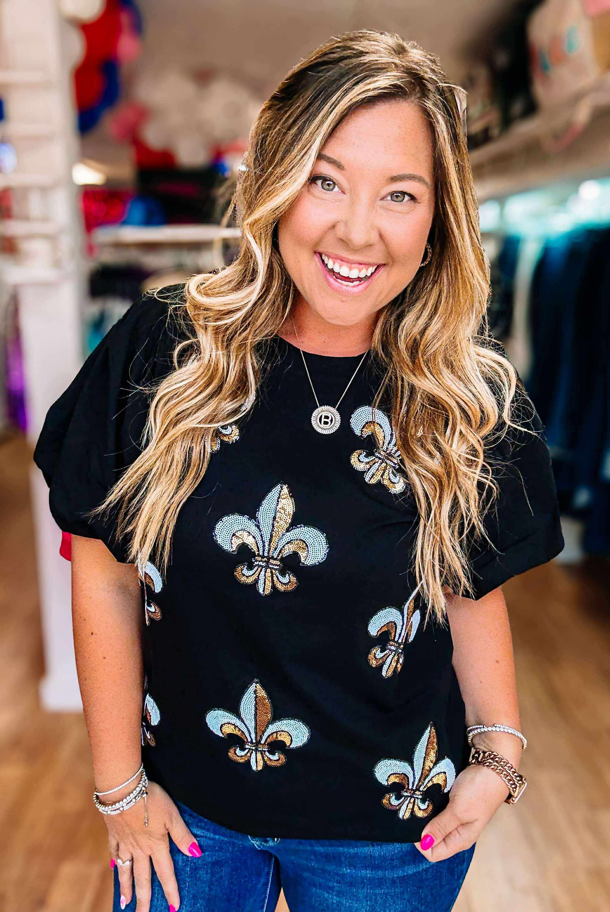 Bayou Blitz Fleur-De-Lis Top-Graphic Tops-Dear Me Southern Boutique, located in DeRidder, Louisiana
