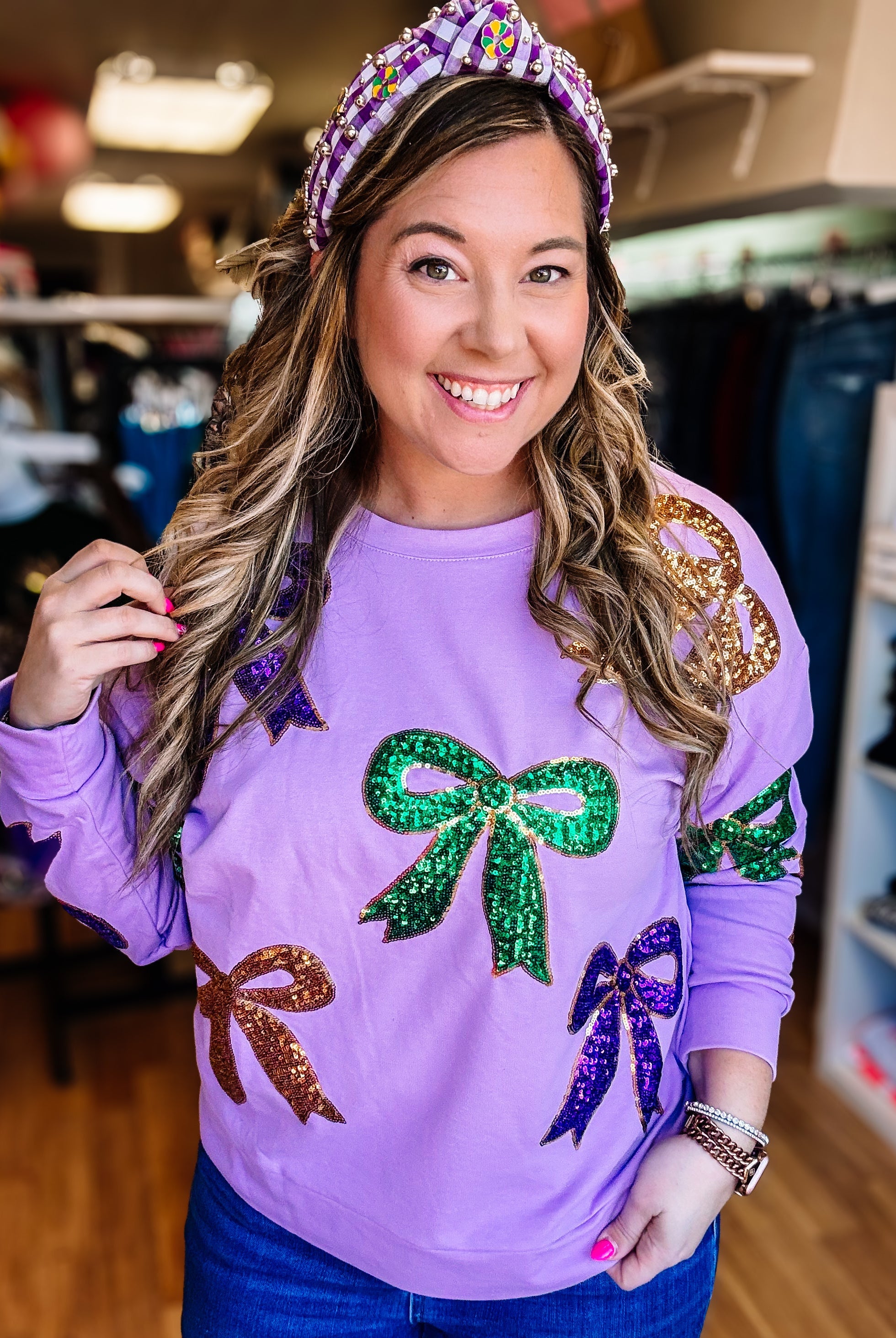 Bayou Bow Beauty Sequin Pullover-Graphic Tops-Dear Me Southern Boutique, located in DeRidder, Louisiana