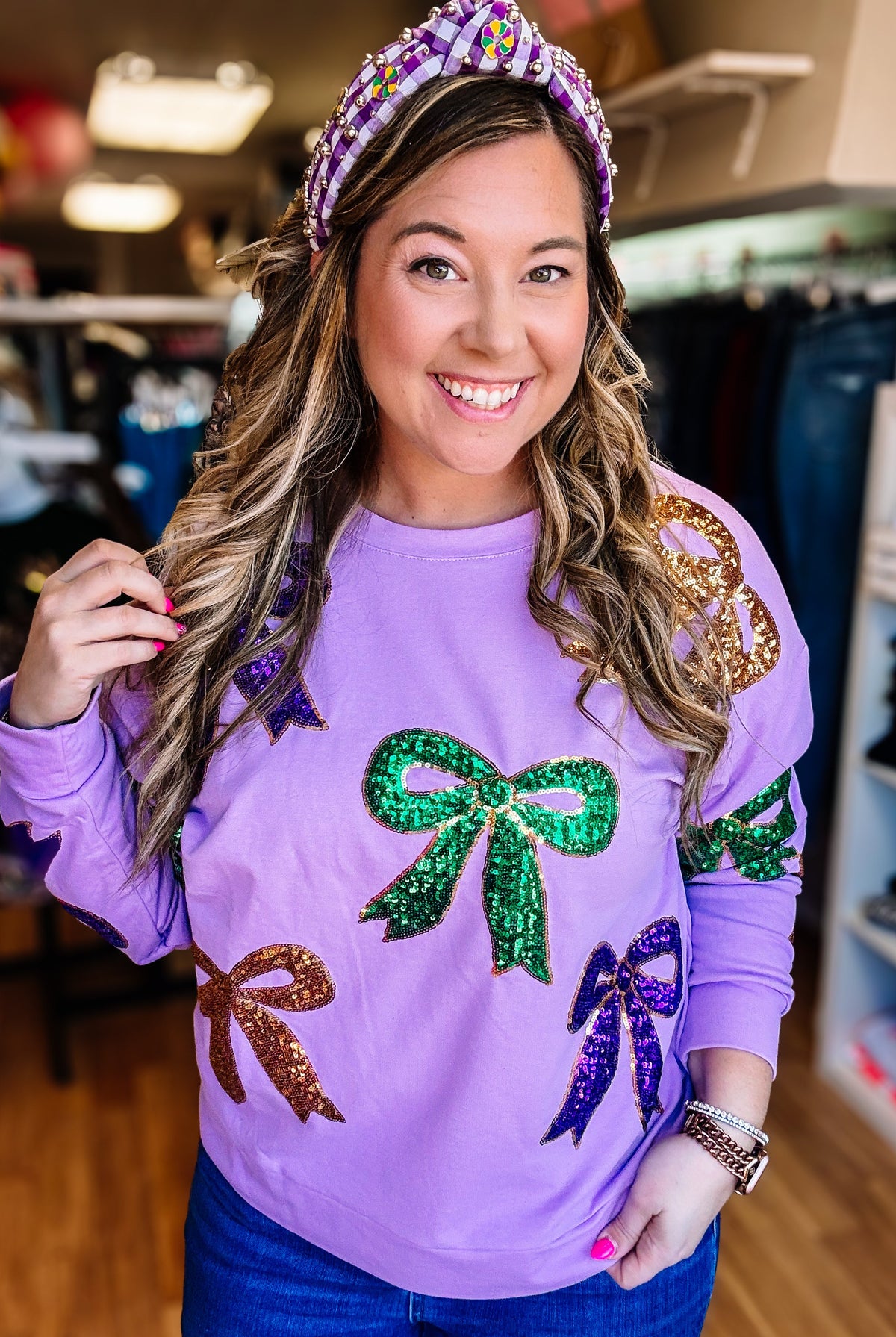 Bayou Bow Beauty Sequin Pullover-Sweatshirts-Dear Me Southern Boutique, located in DeRidder, Louisiana