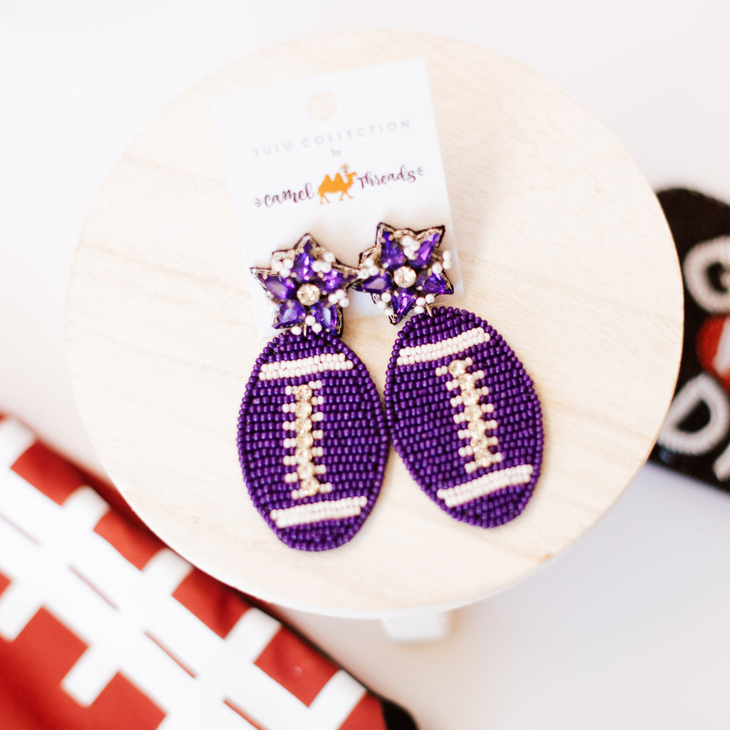 Beaded Football Dangles - Purple-Earrings-Dear Me Southern Boutique, located in DeRidder, Louisiana