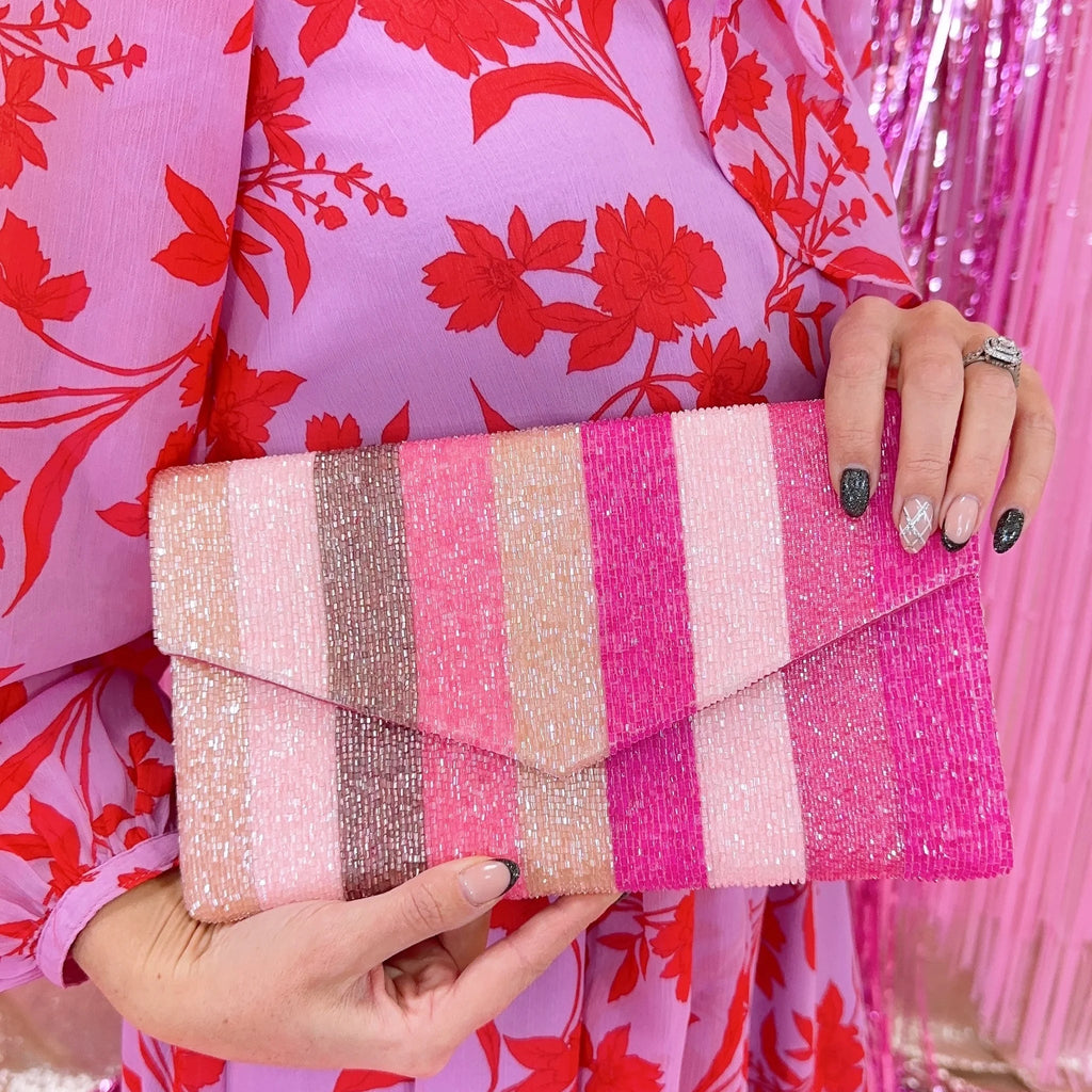 Beaded Stripe Clutch- Pink-Dear Me Southern Boutique, located in DeRidder, Louisiana
