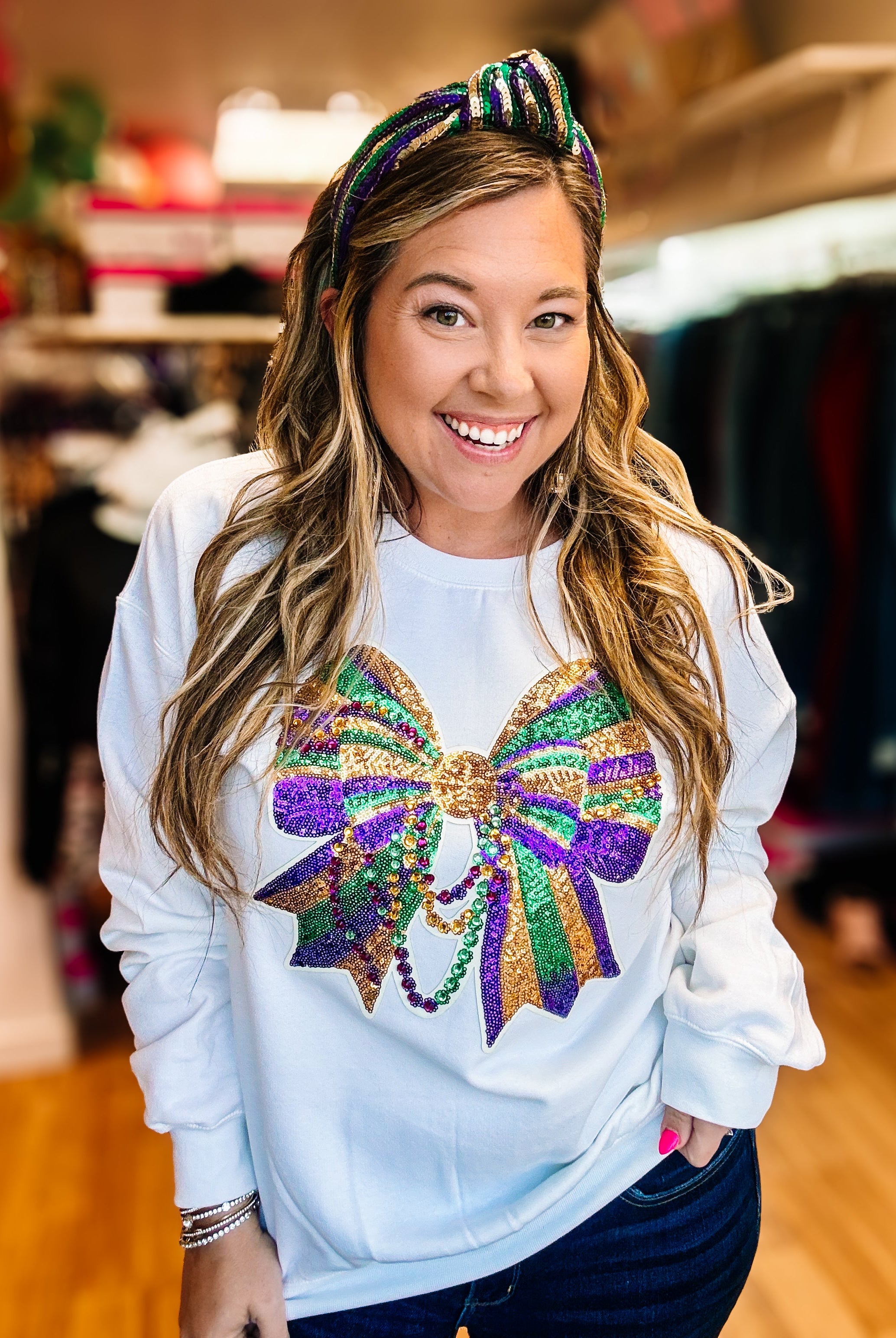 Beads and Bows Sequin and Rhinestone Mardi Gras Pullover-Graphic Tops-Dear Me Southern Boutique, located in DeRidder, Louisiana