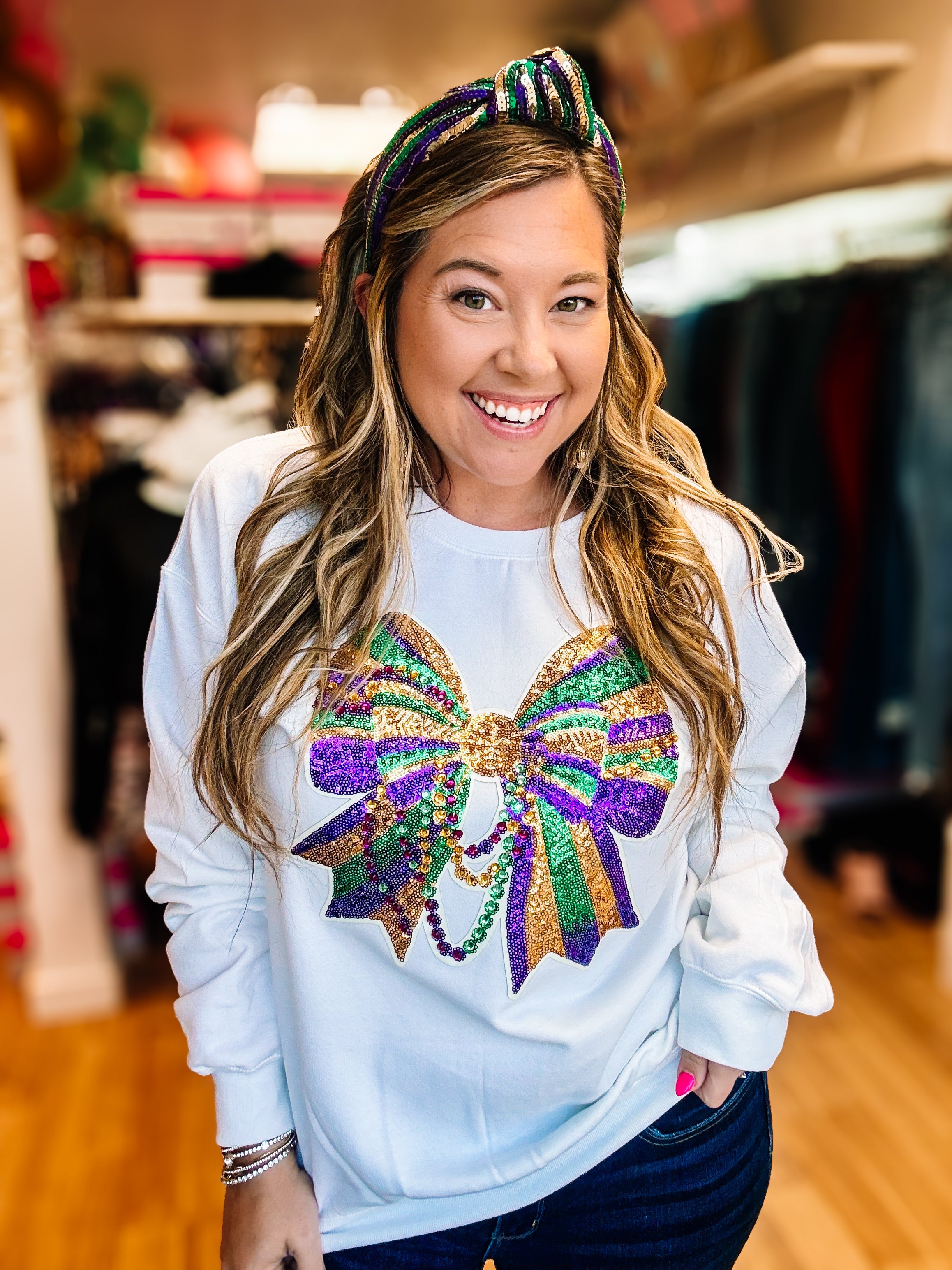 Beads and Bows Sequin and Rhinestone Mardi Gras Pullover-Graphic Tops-Dear Me Southern Boutique, located in DeRidder, Louisiana