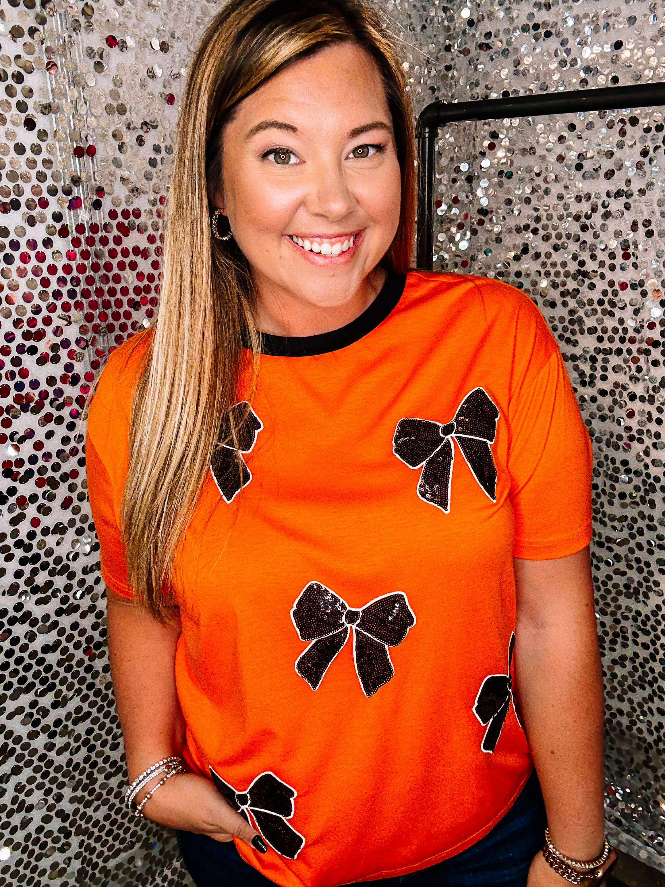 Better Bow-lieve It Sequin Tee-Dear Me Southern Boutique, located in DeRidder, Louisiana