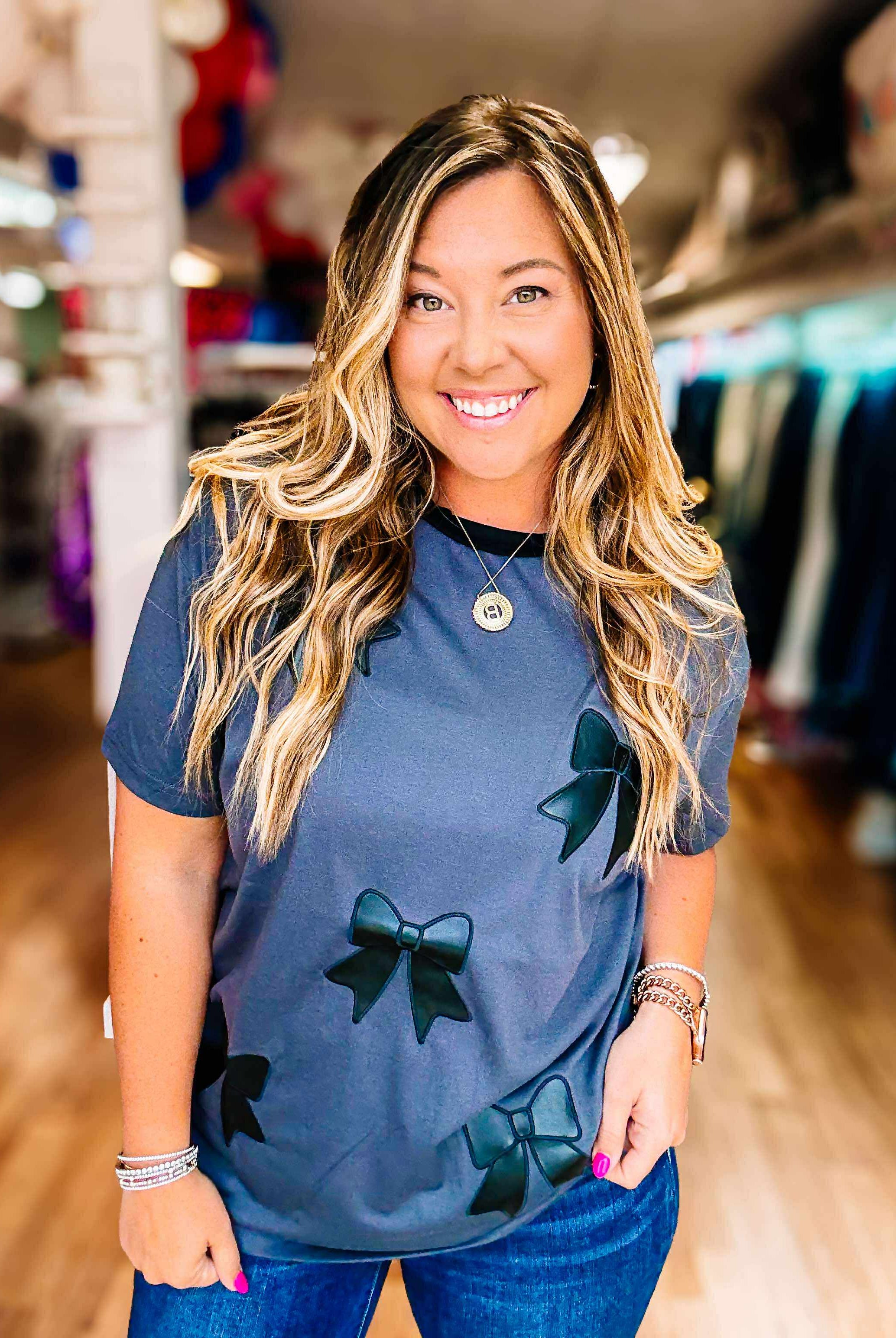 Black Faux Leather Bow Top-Graphic Tops-Dear Me Southern Boutique, located in DeRidder, Louisiana