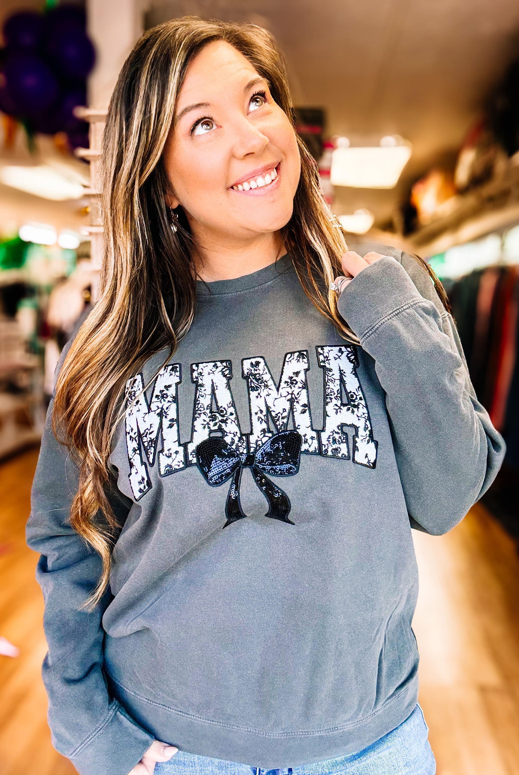 Black MAMA Pullover Sweatshirt-Graphic Tops-Dear Me Southern Boutique, located in DeRidder, Louisiana