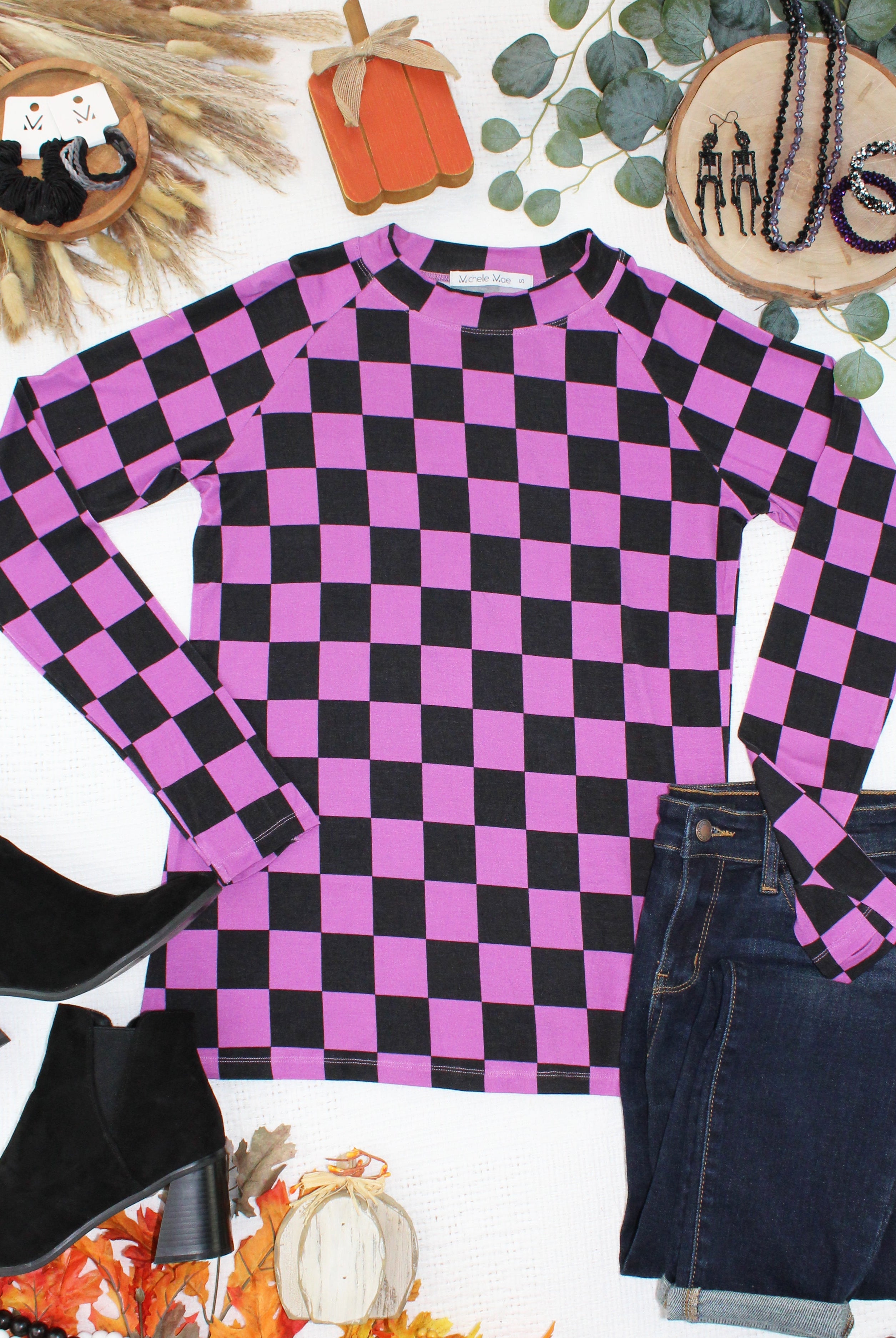 Blair Long Sleeve Top - Black and Purple Checkers-Tops-Dear Me Southern Boutique, located in DeRidder, Louisiana
