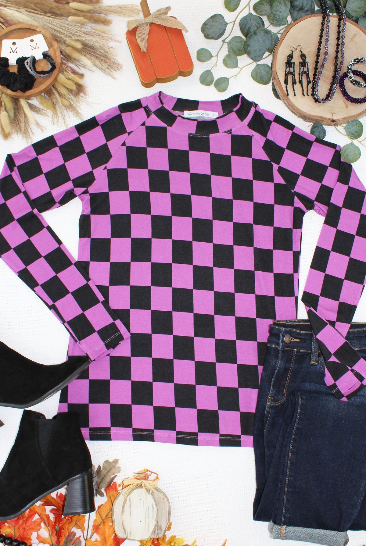Blair Long Sleeve Top - Black and Purple Checkers-Tops-Dear Me Southern Boutique, located in DeRidder, Louisiana