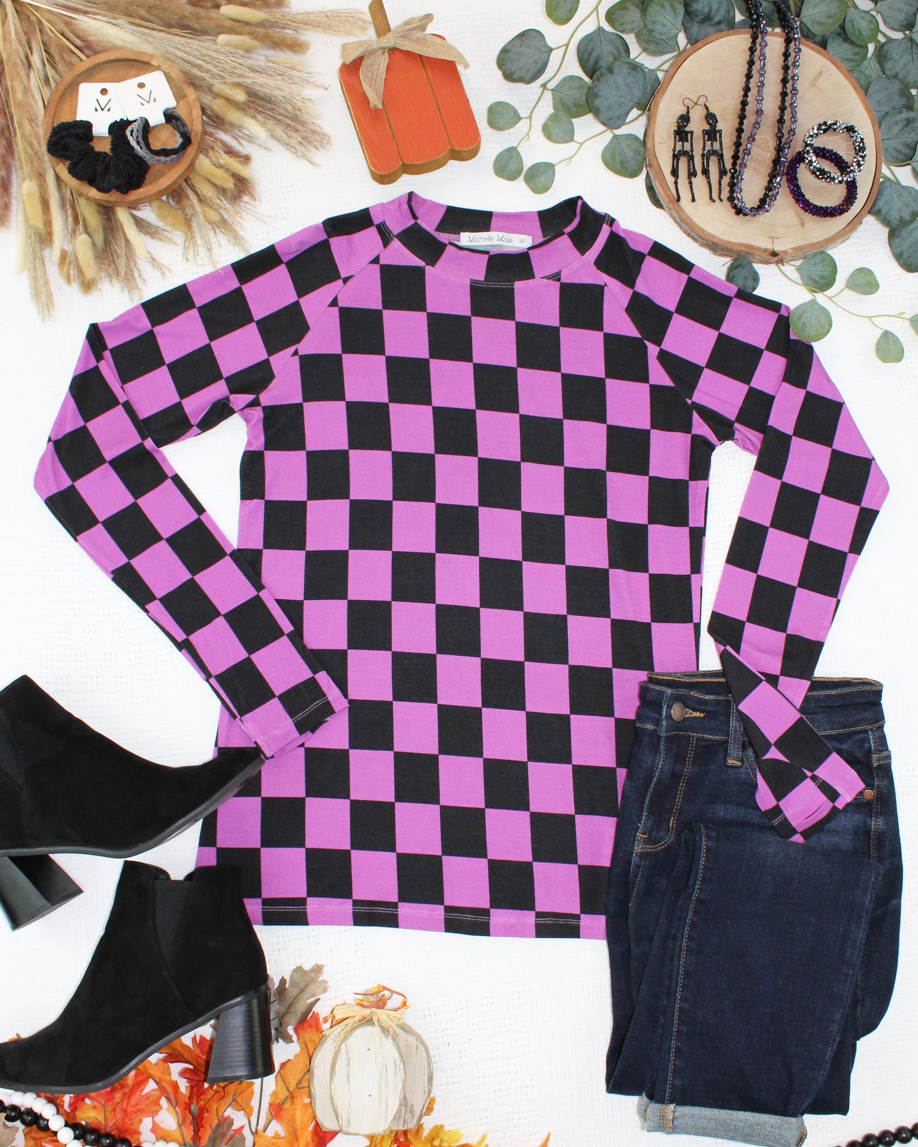 Blair Long Sleeve Top - Black and Purple Checkers-Tops-Dear Me Southern Boutique, located in DeRidder, Louisiana