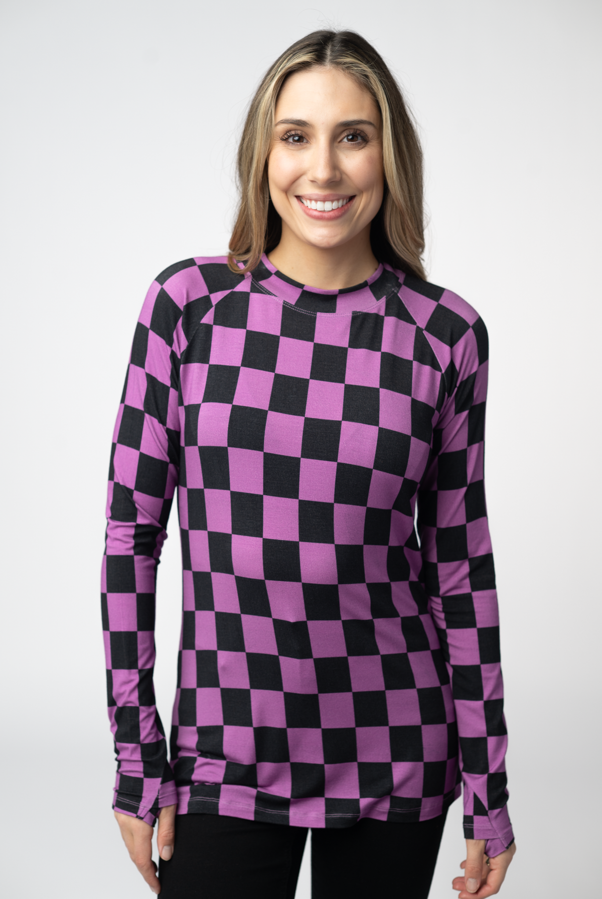 Blair Long Sleeve Top - Black and Purple Checkers-Tops-Dear Me Southern Boutique, located in DeRidder, Louisiana
