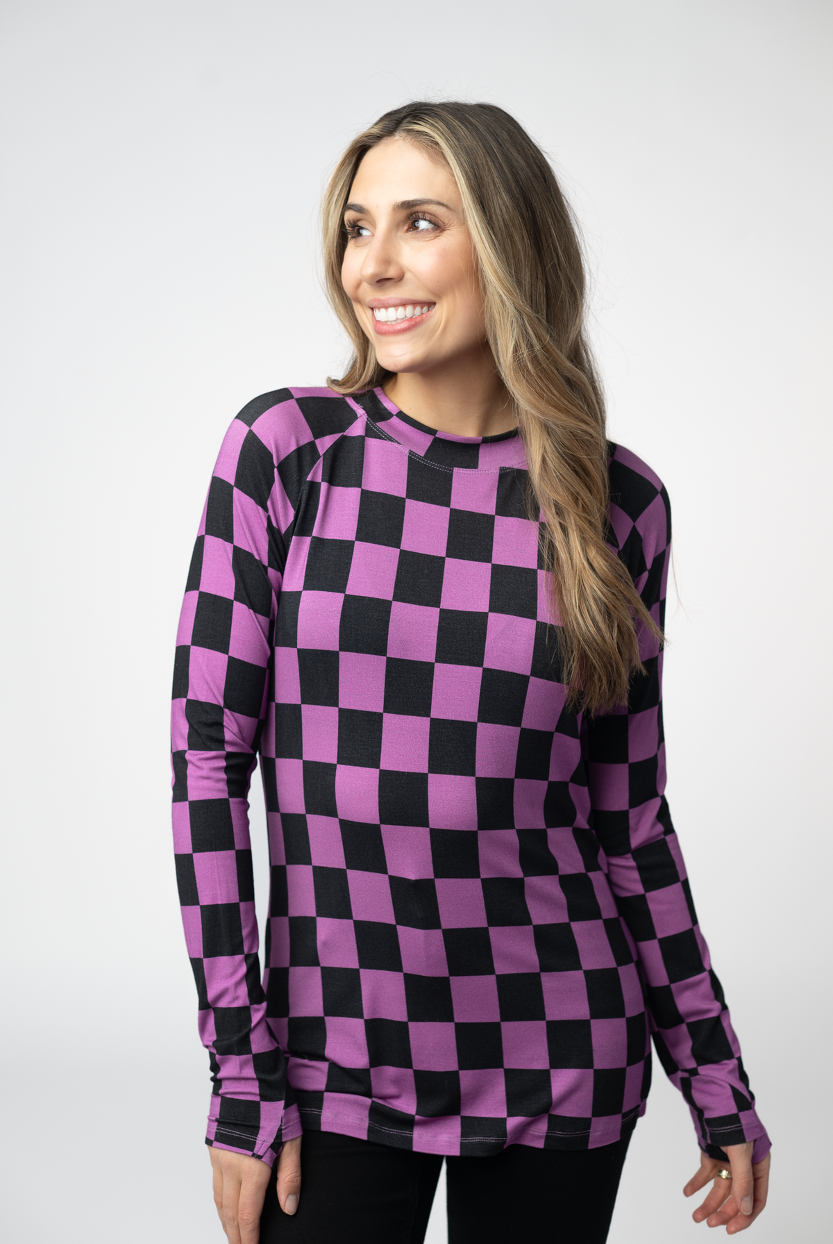 Blair Long Sleeve Top - Black and Purple Checkers-Tops-Dear Me Southern Boutique, located in DeRidder, Louisiana