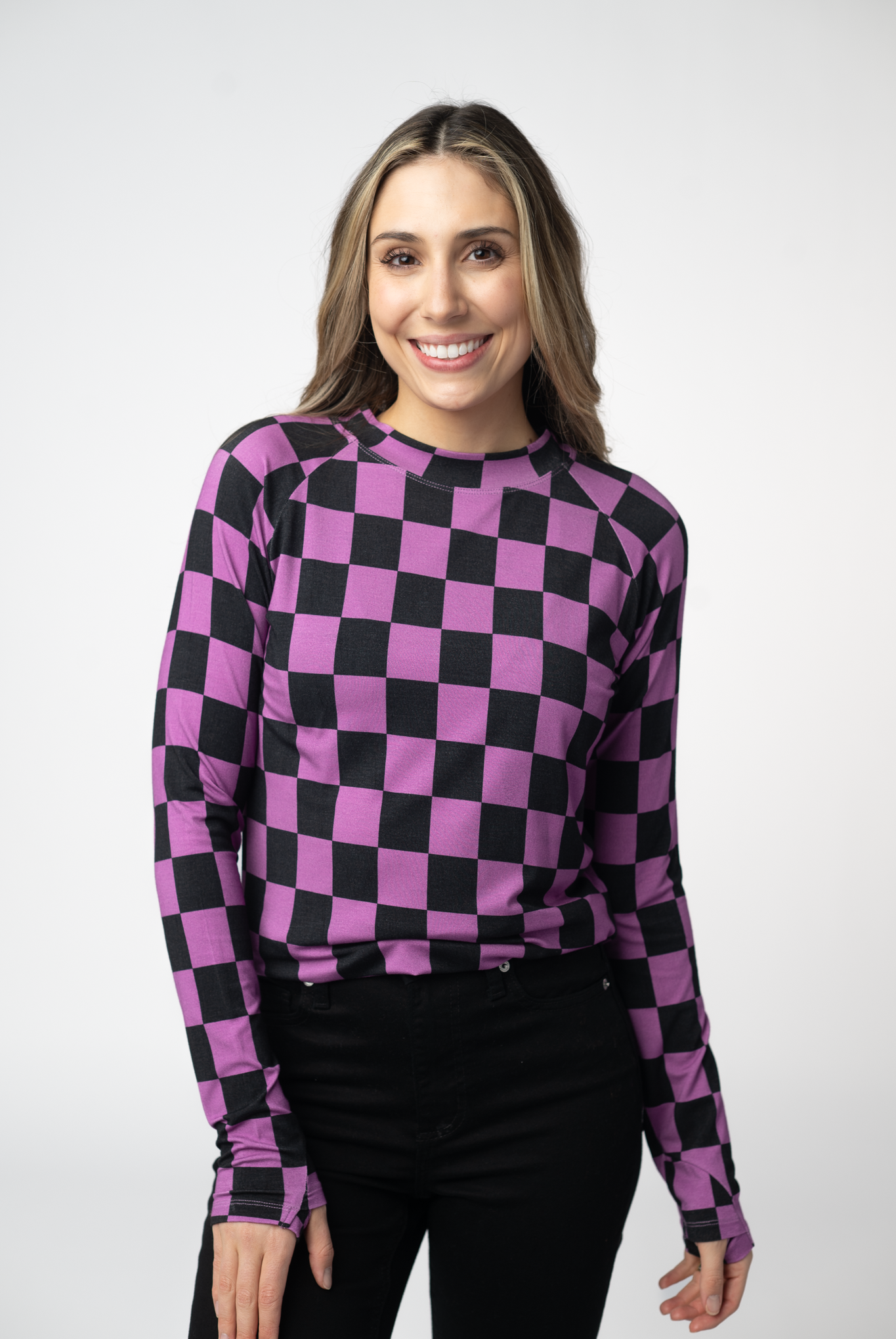 Blair Long Sleeve Top - Black and Purple Checkers-Tops-Dear Me Southern Boutique, located in DeRidder, Louisiana