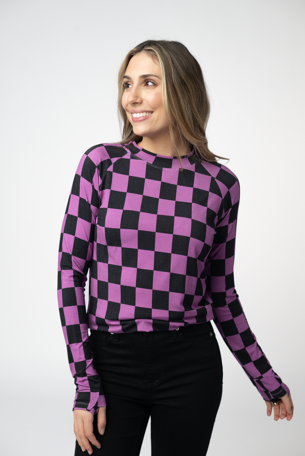 Blair Long Sleeve Top - Black and Purple Checkers-Tops-Dear Me Southern Boutique, located in DeRidder, Louisiana