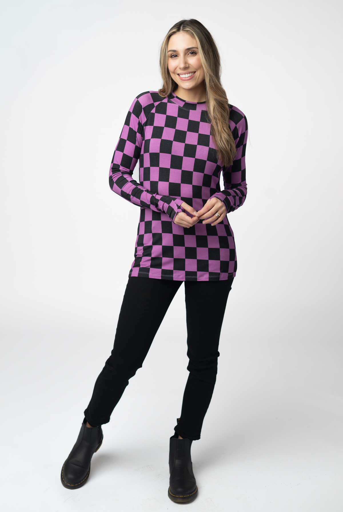 Blair Long Sleeve Top - Black and Purple Checkers-Tops-Dear Me Southern Boutique, located in DeRidder, Louisiana