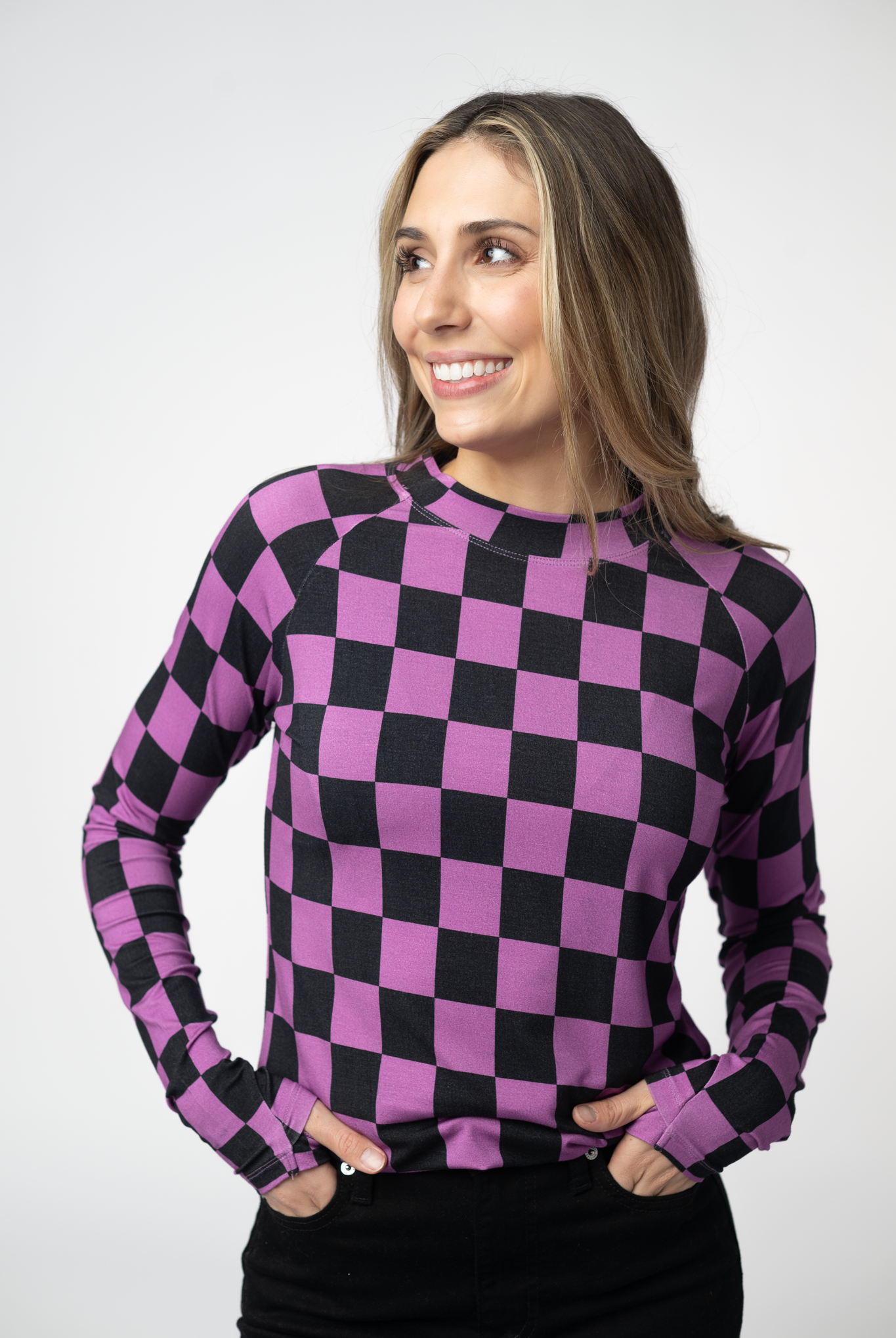 Blair Long Sleeve Top - Black and Purple Checkers-Tops-Dear Me Southern Boutique, located in DeRidder, Louisiana