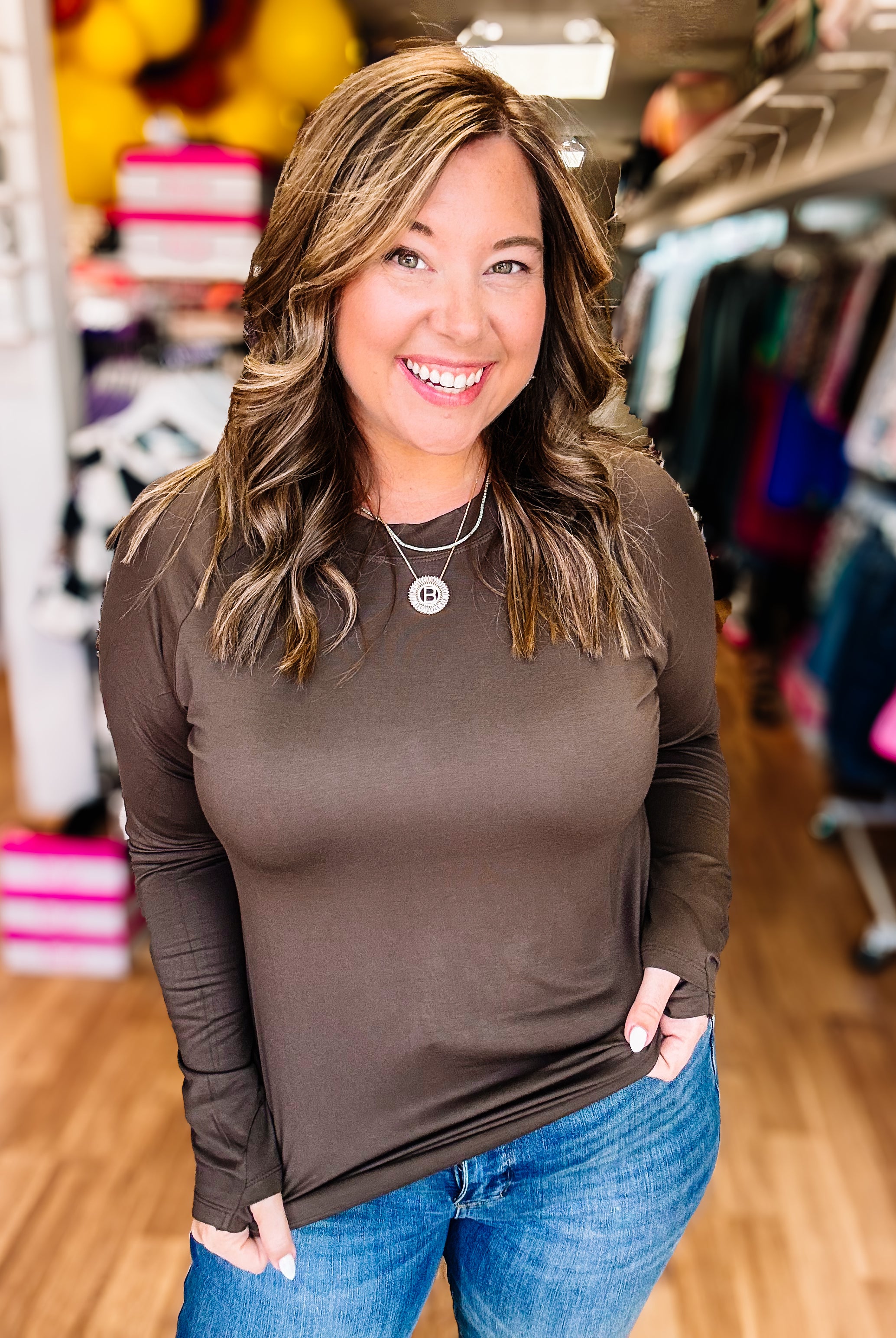 Blair Long Sleeve Top — Chocolate-Long Sleeves-Dear Me Southern Boutique, located in DeRidder, Louisiana