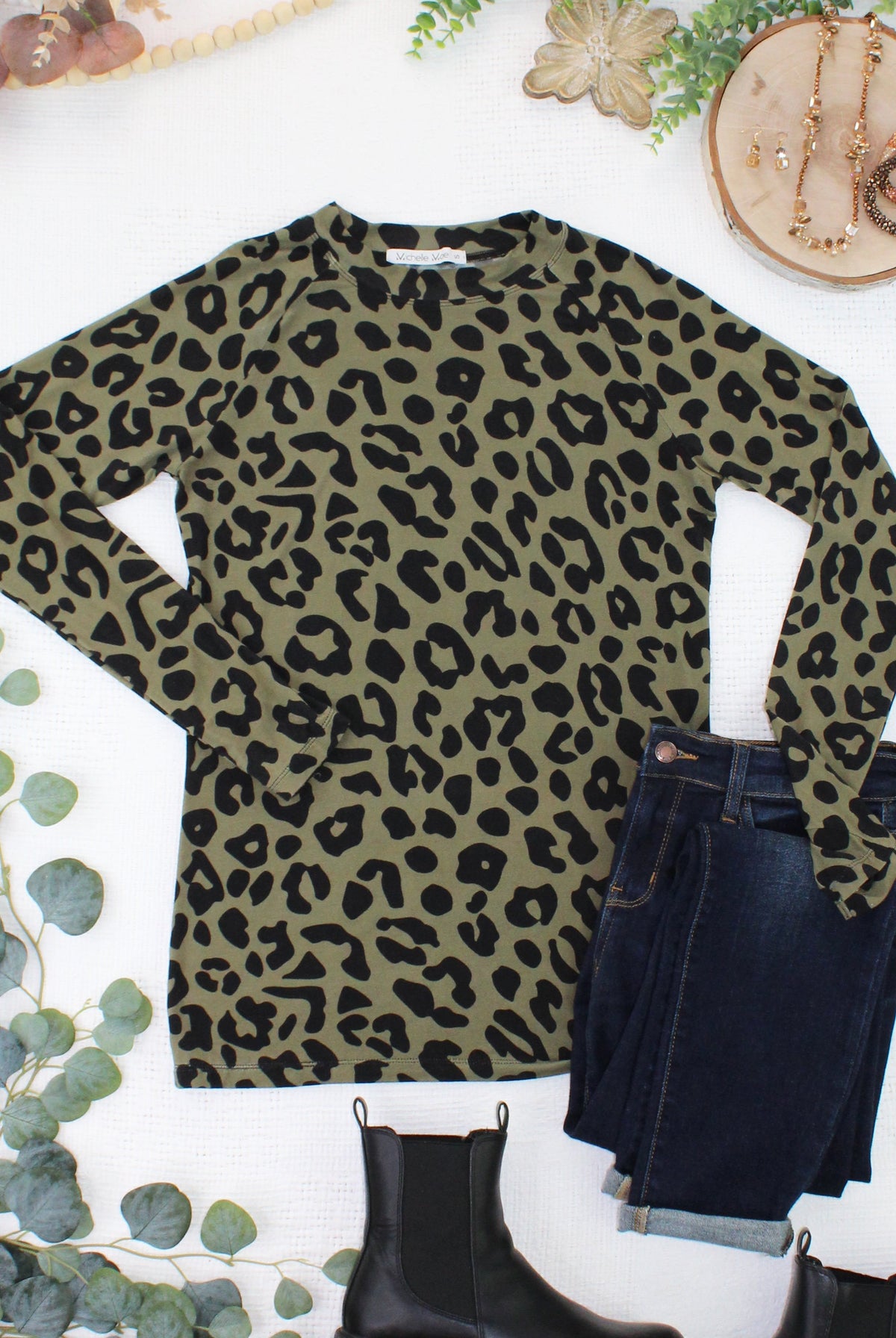 Blair Long Sleeve Top - Olive Animal Print-Tops-Dear Me Southern Boutique, located in DeRidder, Louisiana