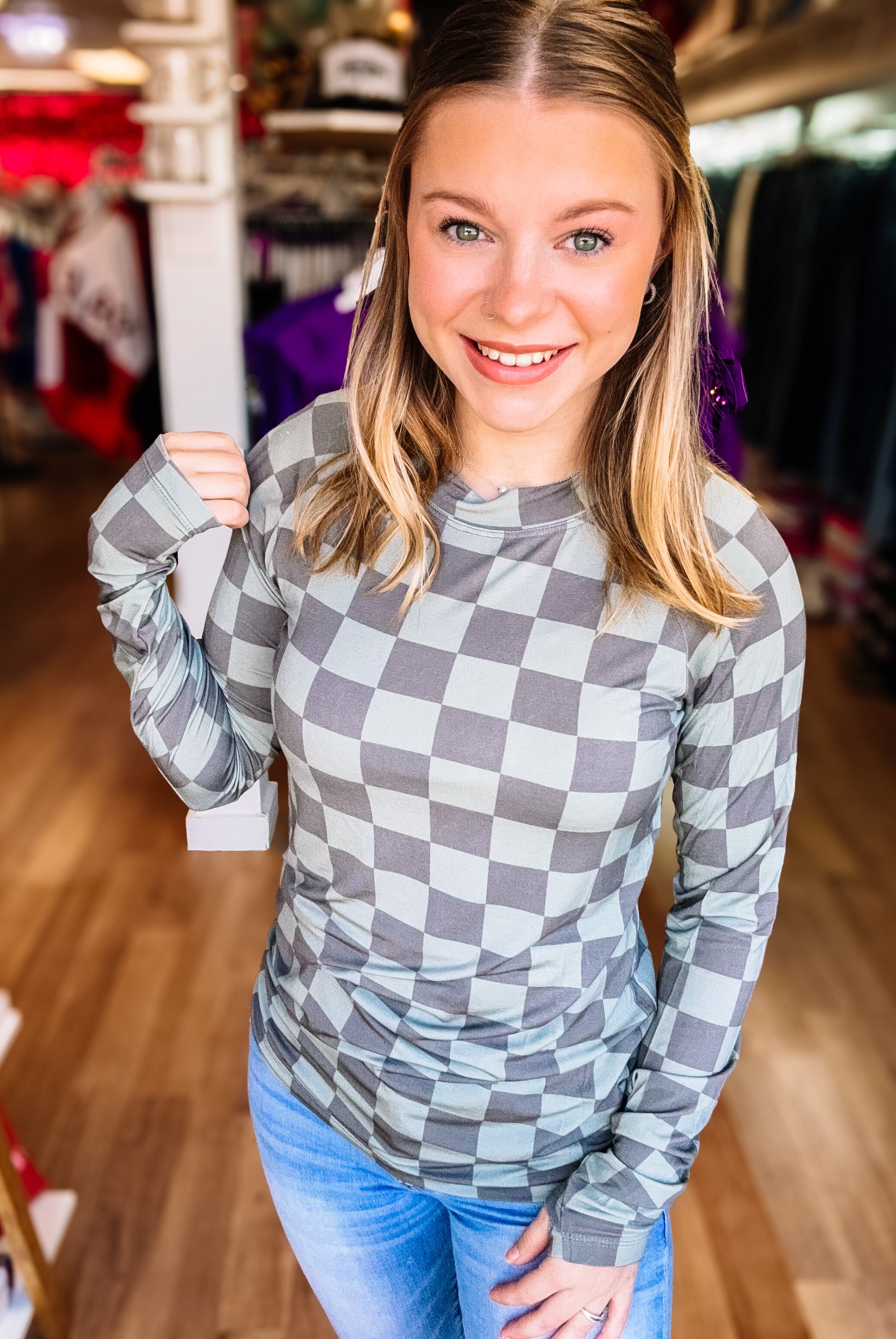 Blair Long Sleeve Top - Olive Checkers-Blouses-Dear Me Southern Boutique, located in DeRidder, Louisiana