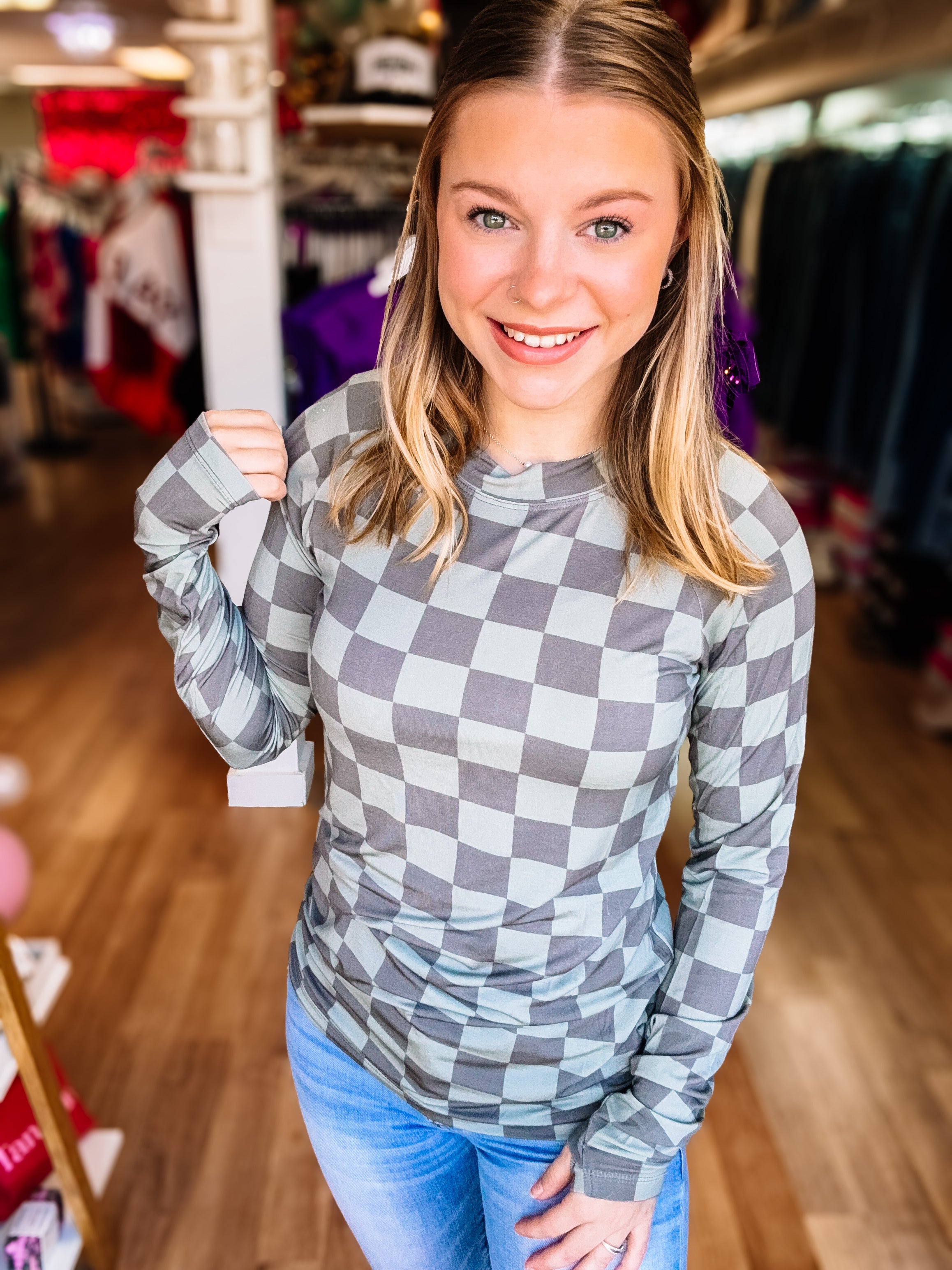 Blair Long Sleeve Top - Olive Checkers-Blouses-Dear Me Southern Boutique, located in DeRidder, Louisiana