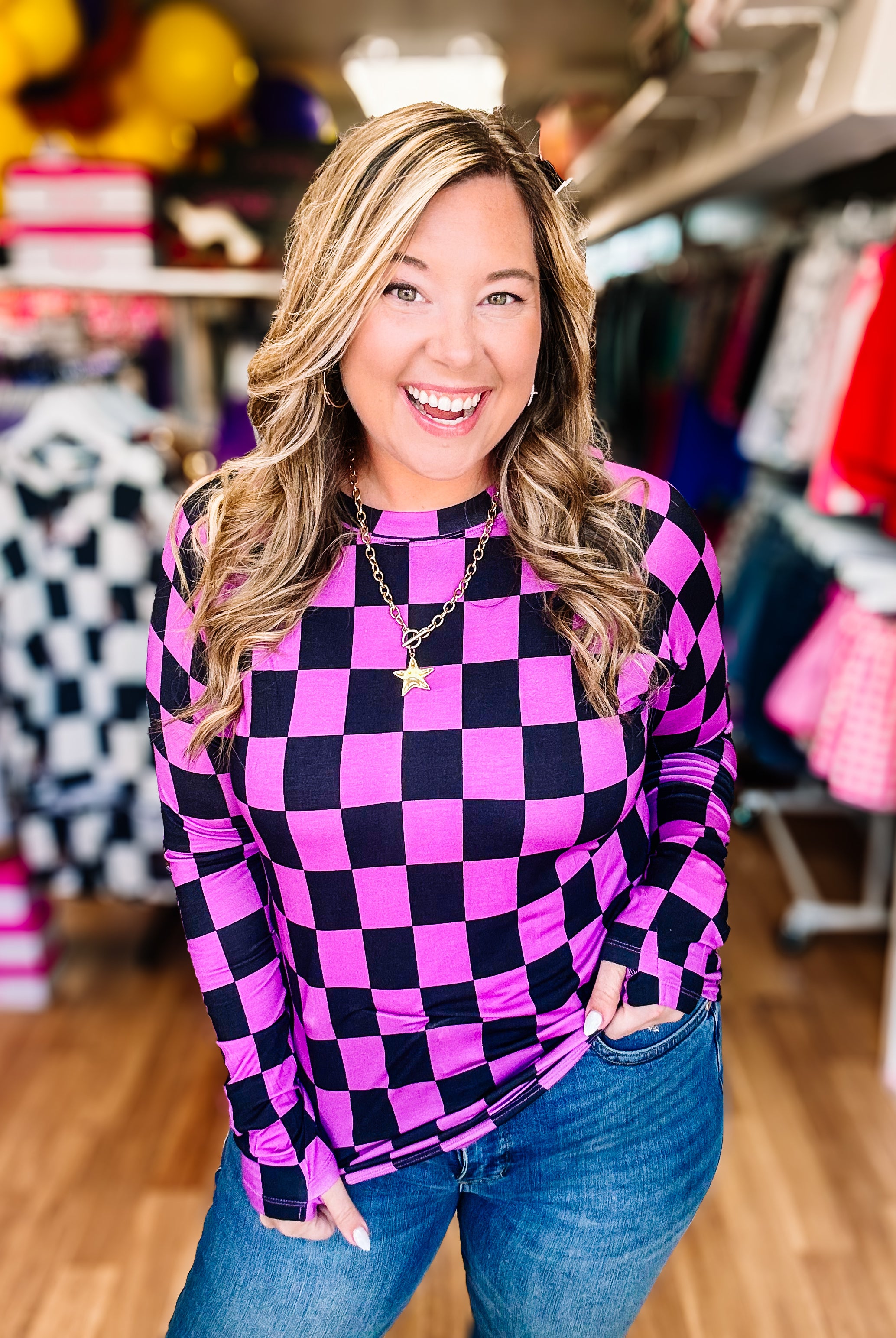 Blair Long Sleeve Top — Purple and Black Checkered-Long Sleeves-Dear Me Southern Boutique, located in DeRidder, Louisiana