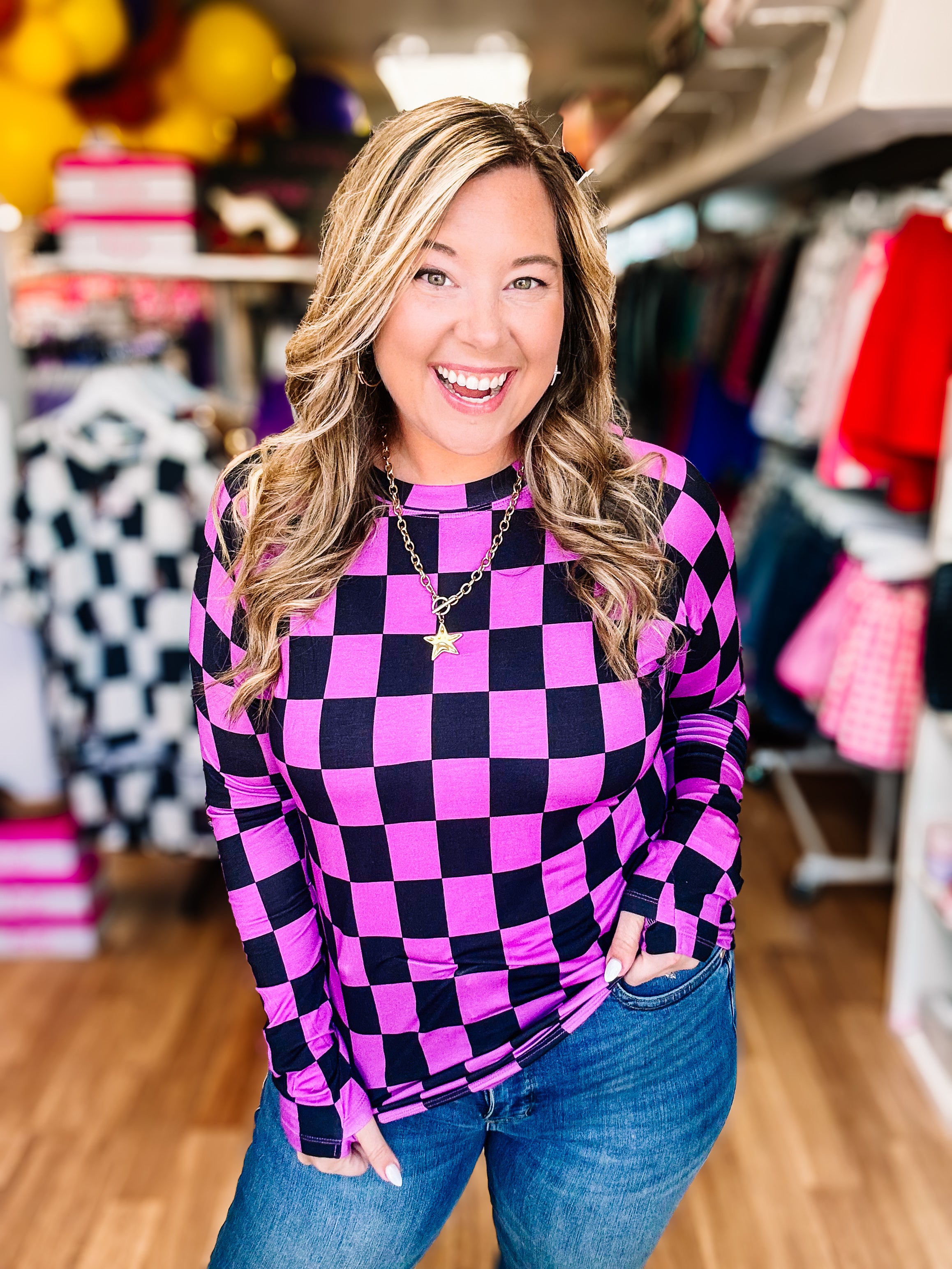 Blair Long Sleeve Top — Purple and Black Checkered-Long Sleeves-Dear Me Southern Boutique, located in DeRidder, Louisiana
