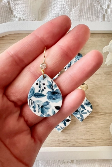 Blue Floral Clay Earrings-Jewelry - Earrings-Dear Me Southern Boutique, located in DeRidder, Louisiana