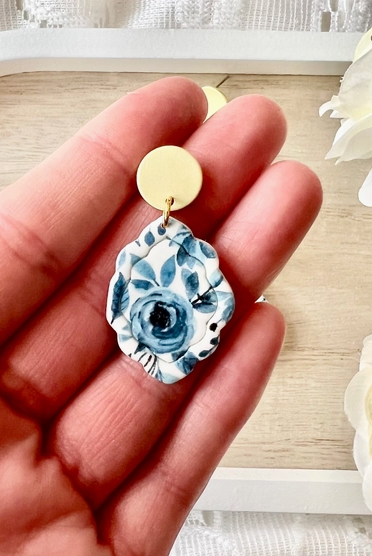 Blue Floral Clay Earrings-Jewelry - Earrings-Dear Me Southern Boutique, located in DeRidder, Louisiana