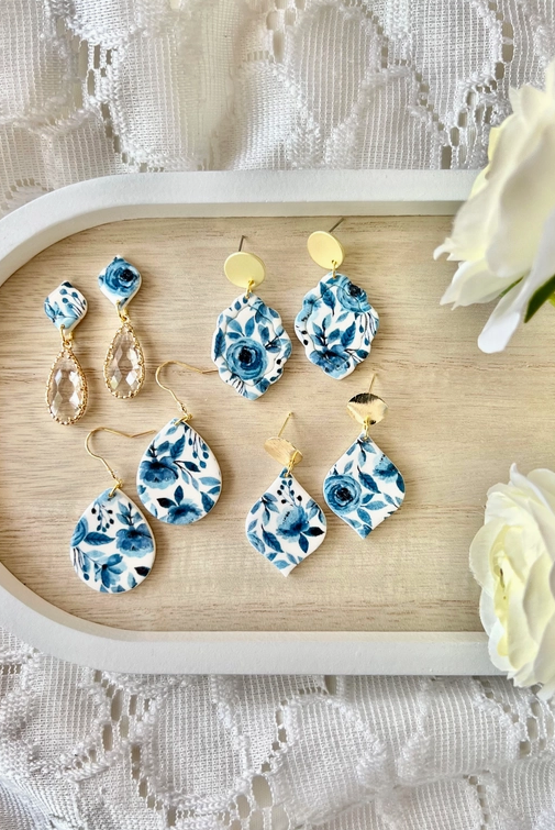 Blue Floral Clay Earrings-Jewelry - Earrings-Dear Me Southern Boutique, located in DeRidder, Louisiana