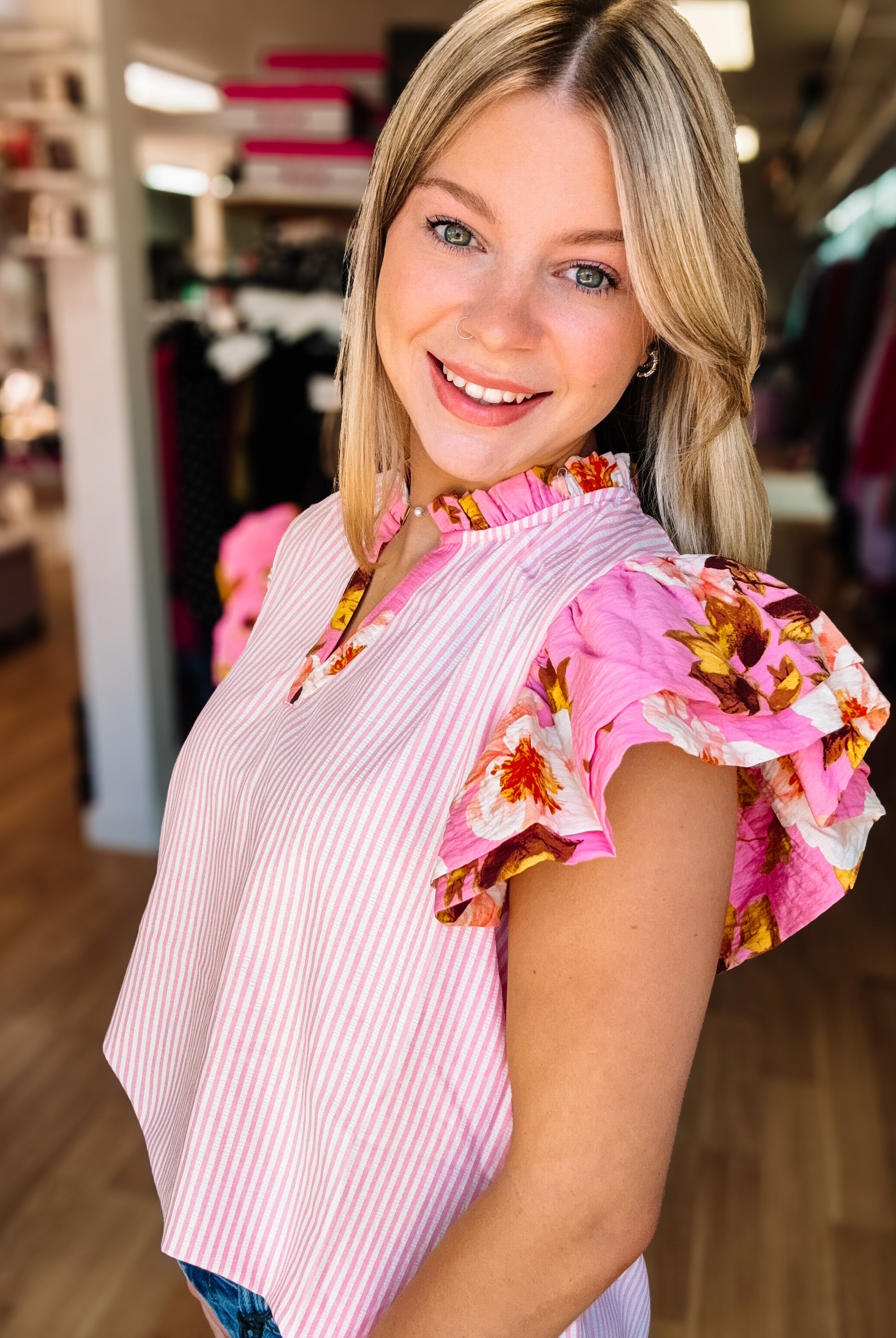 Blush Striped Bloom Ruffle Blouse-Blouses-Dear Me Southern Boutique, located in DeRidder, Louisiana