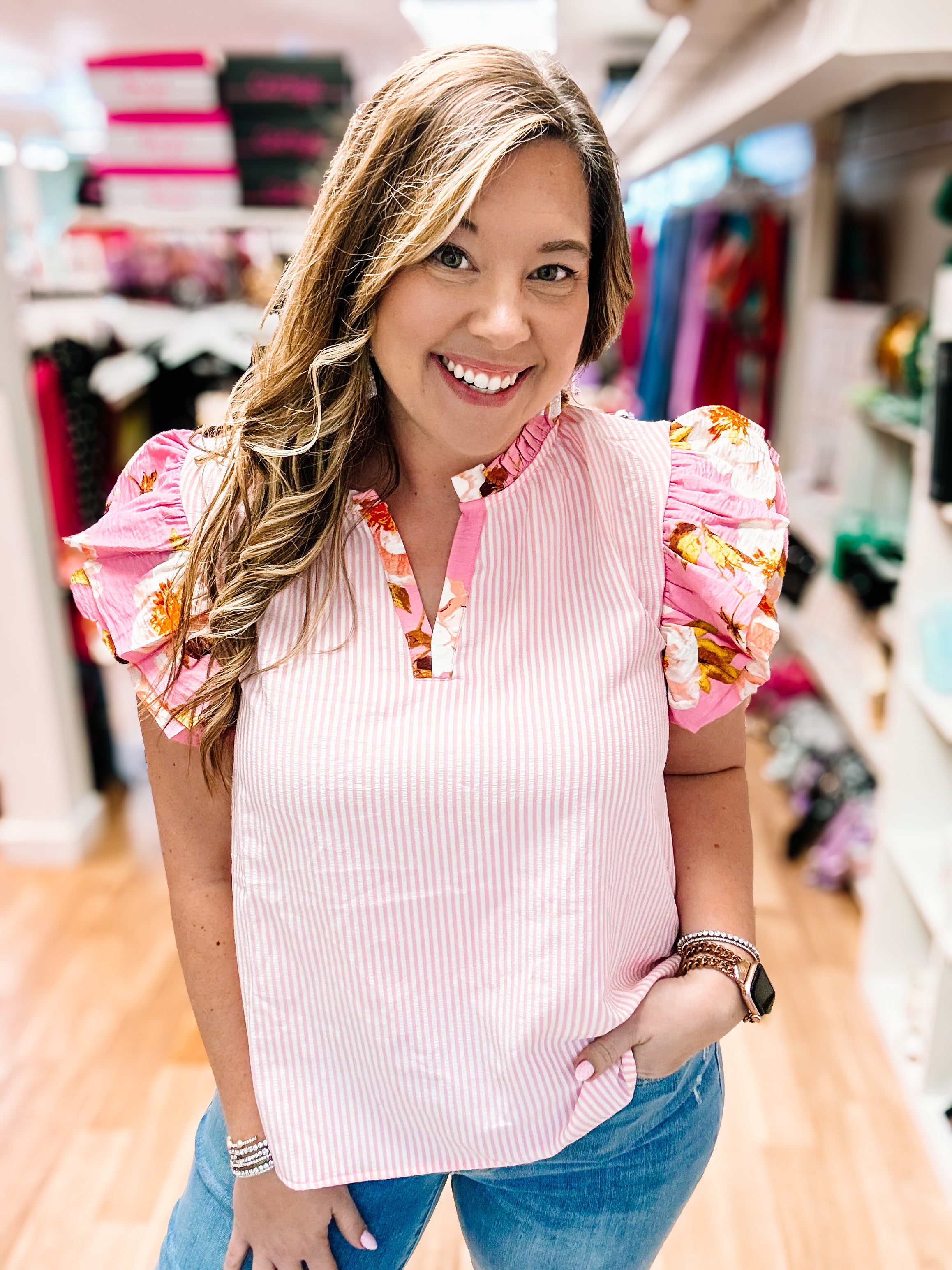 Blush Striped Bloom Ruffle Blouse-Blouses-Dear Me Southern Boutique, located in DeRidder, Louisiana