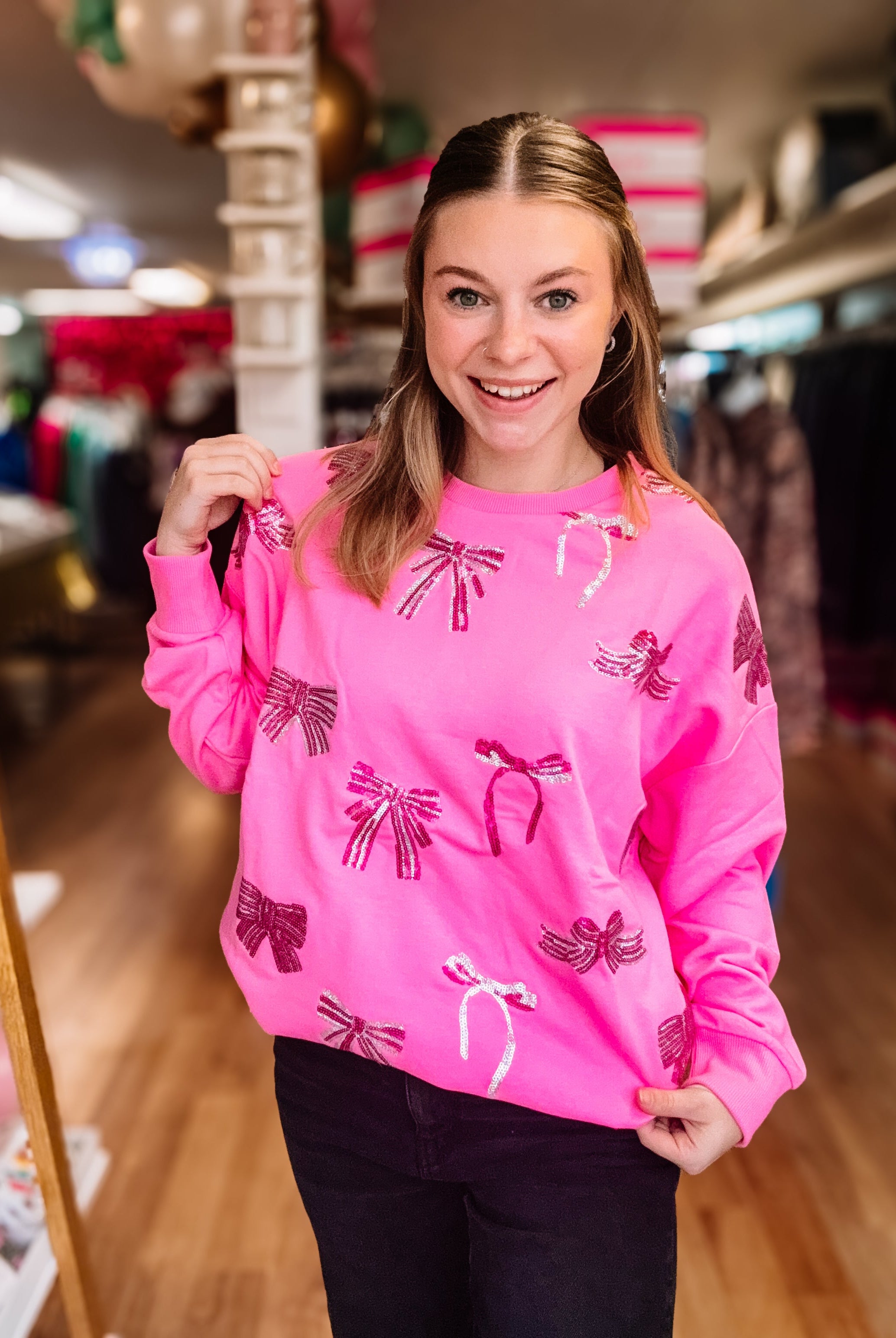 Blushing Bows Sequin Pullover-Graphic Tops-Dear Me Southern Boutique, located in DeRidder, Louisiana