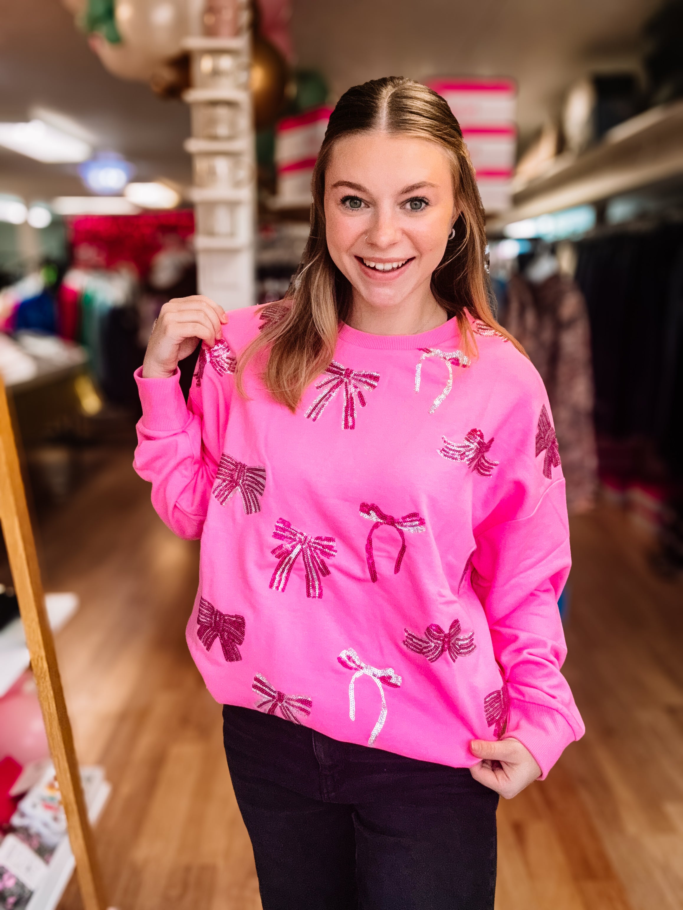 Blushing Bows Sequin Pullover-Graphic Tops-Dear Me Southern Boutique, located in DeRidder, Louisiana