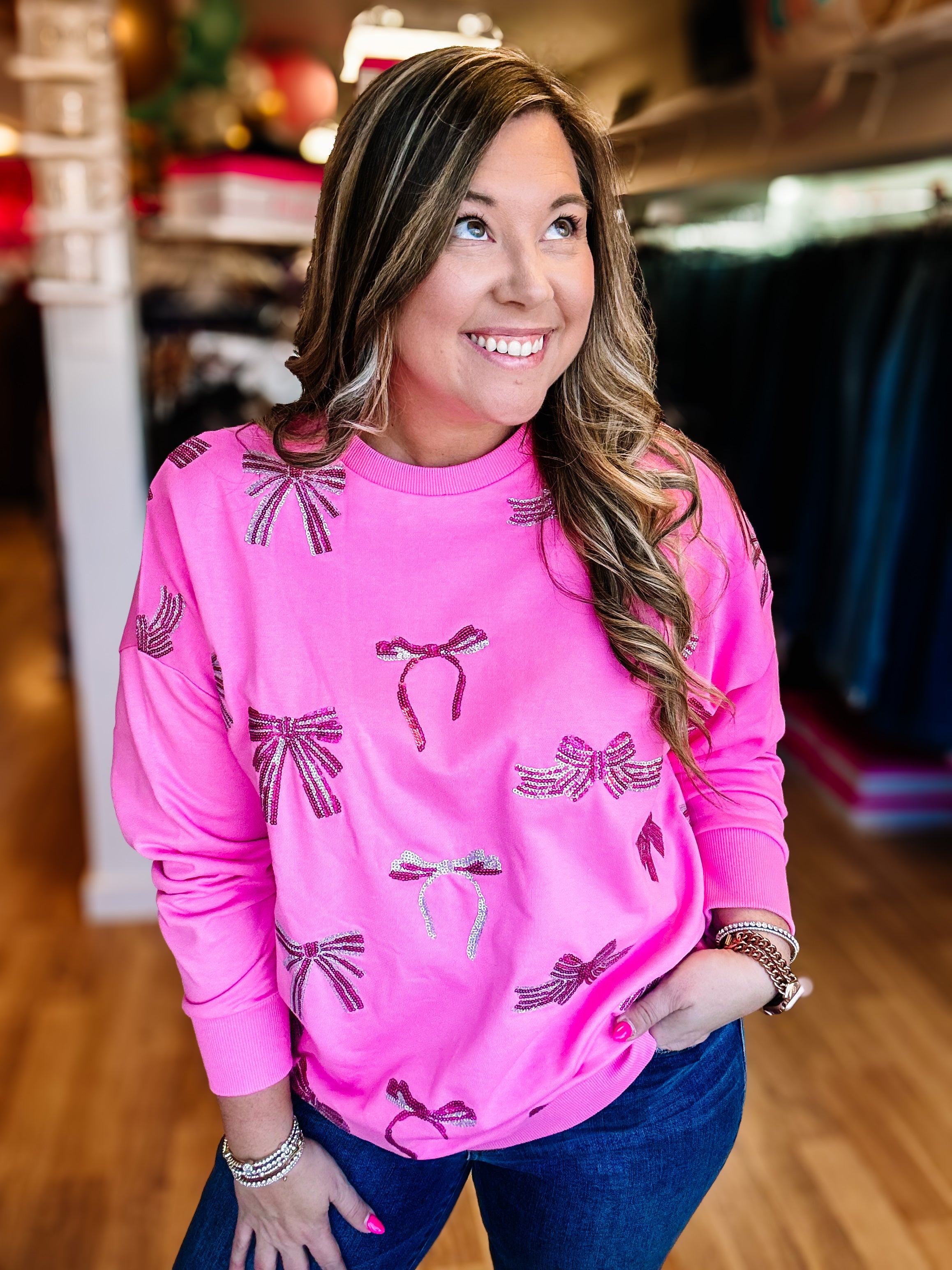 Blushing Bows Sequin Pullover-Graphic Tops-Dear Me Southern Boutique, located in DeRidder, Louisiana