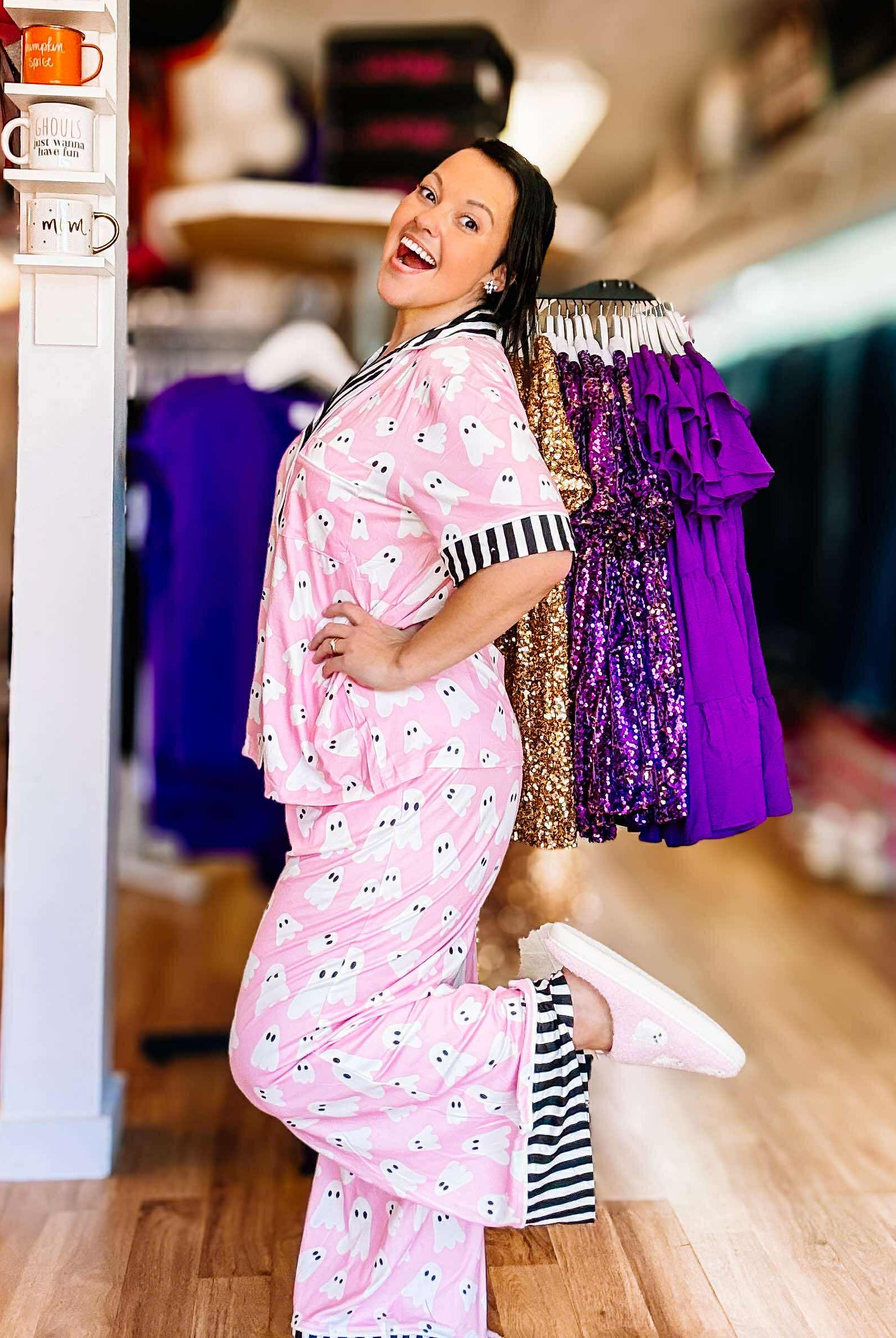 Boo-Jee Luxe PJ Set- Pink Ghost-Dear Me Southern Boutique, located in DeRidder, Louisiana