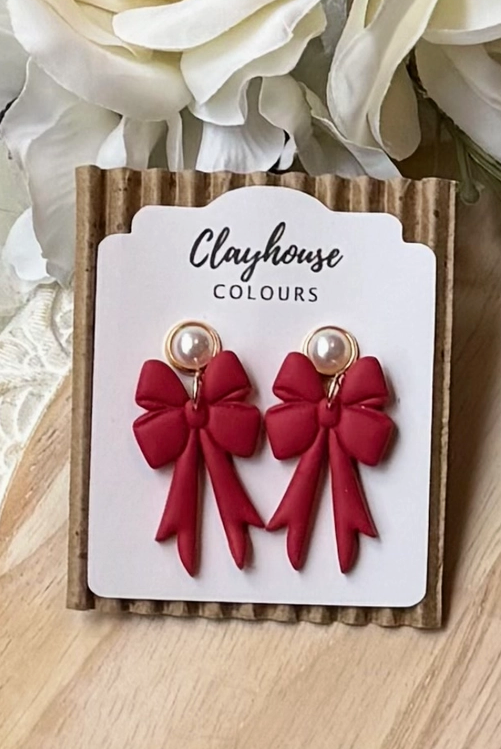 Bow & Pearl Clay Earrings - Red-Earrings-Dear Me Southern Boutique, located in DeRidder, Louisiana
