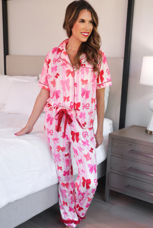 Bow Romance Ruffle Pajama Set-Pajamas-Dear Me Southern Boutique, located in DeRidder, Louisiana