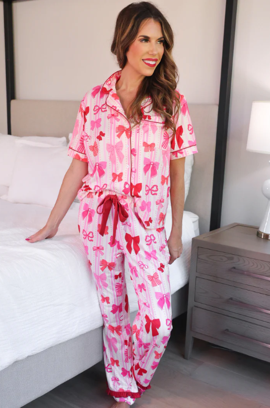 Bow Romance Ruffle Pajama Set-Pajamas-Dear Me Southern Boutique, located in DeRidder, Louisiana