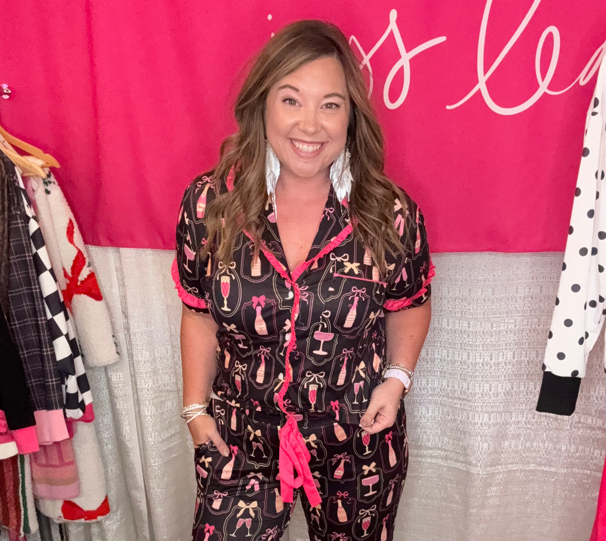 Bows & Bubbly After Dark Ruffle Pajama Set-Presales-Dear Me Southern Boutique, located in DeRidder, Louisiana