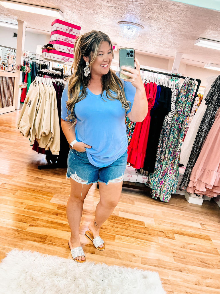 Breezy Versatile Tee- Spring Blue-Tops-Dear Me Southern Boutique, located in DeRidder, Louisiana