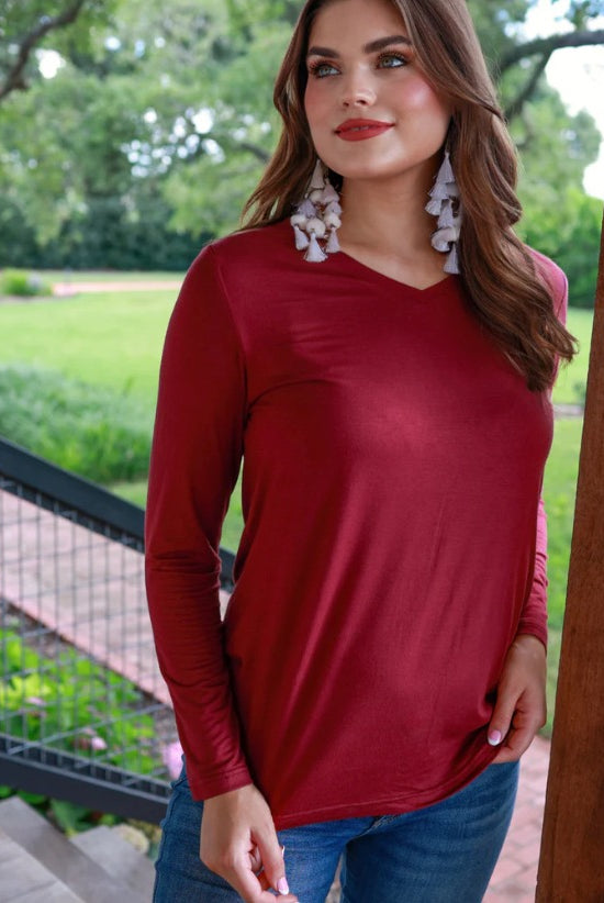 Brittany Basic Long Sleeve Tee - Burgundy-Dear Me Southern Boutique, located in DeRidder, Louisiana