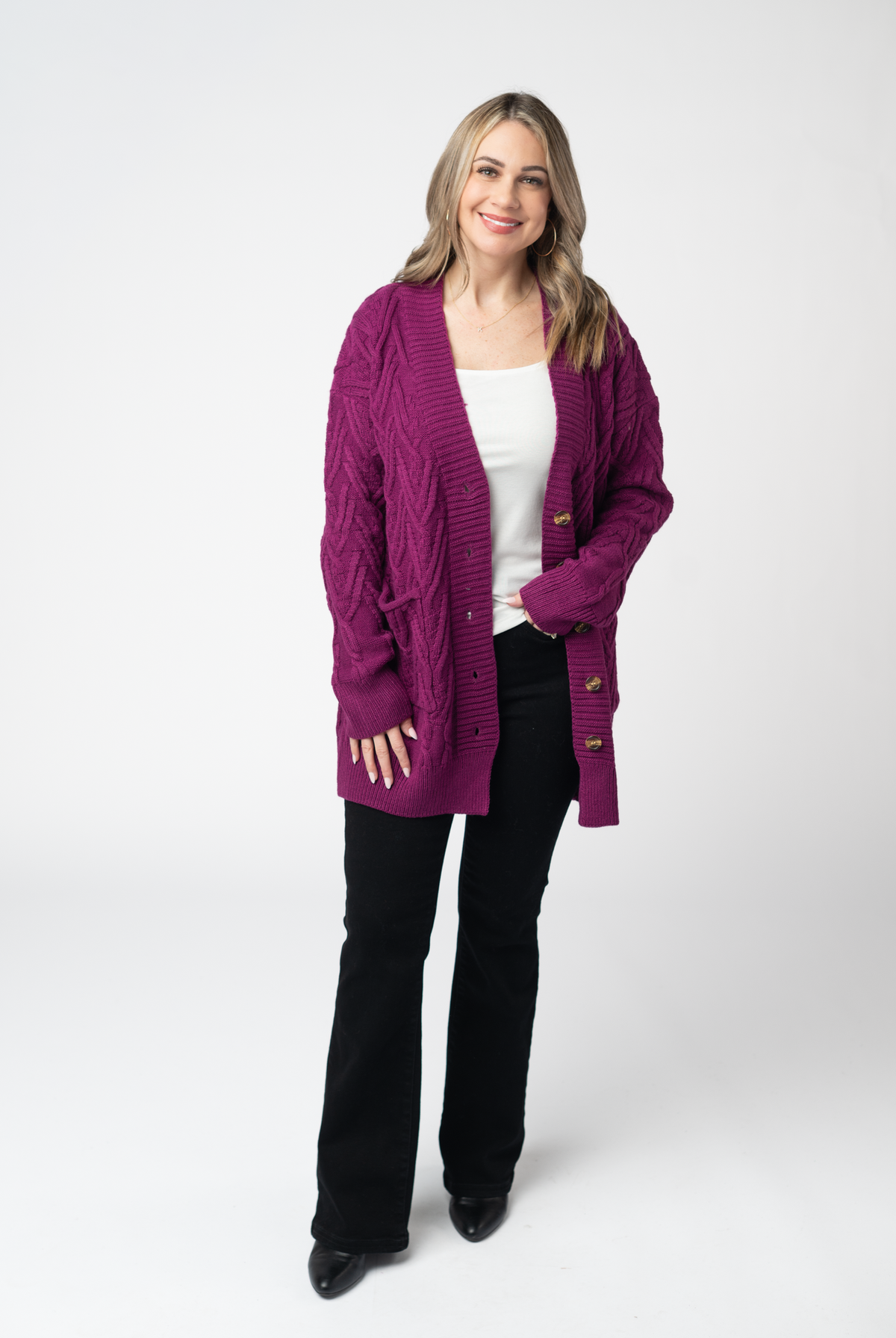 Brooks Button Sweater Cardigan - Magenta-Cardigans-Dear Me Southern Boutique, located in DeRidder, Louisiana