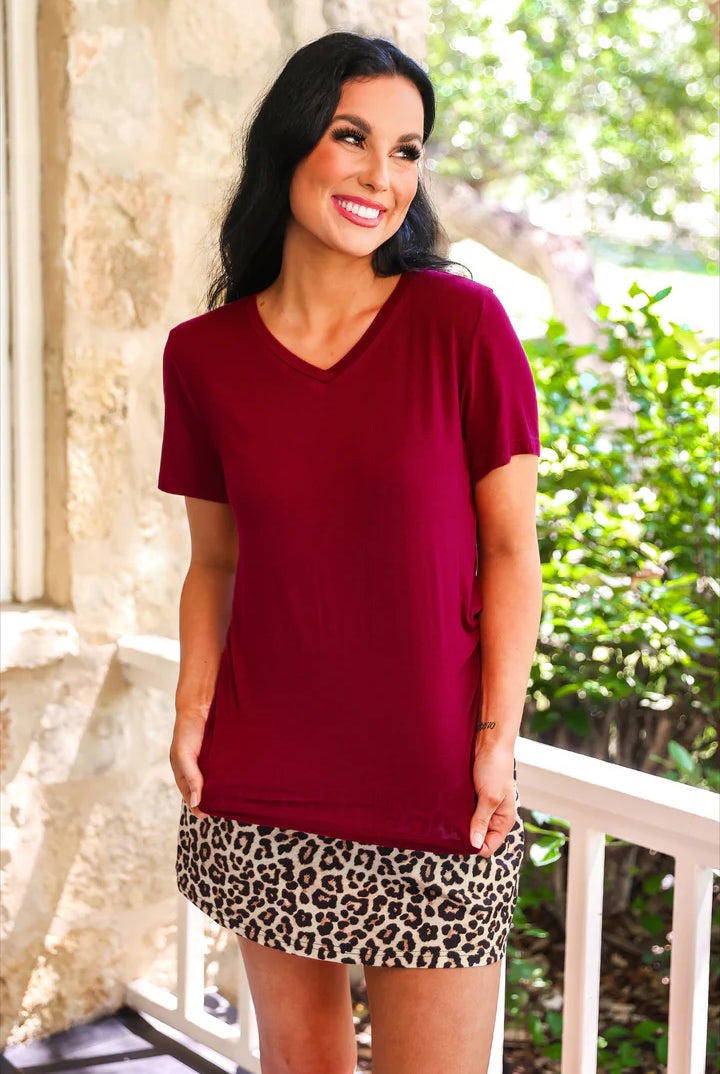 Burgundy Basic Tee-Blouses-Dear Me Southern Boutique, located in DeRidder, Louisiana