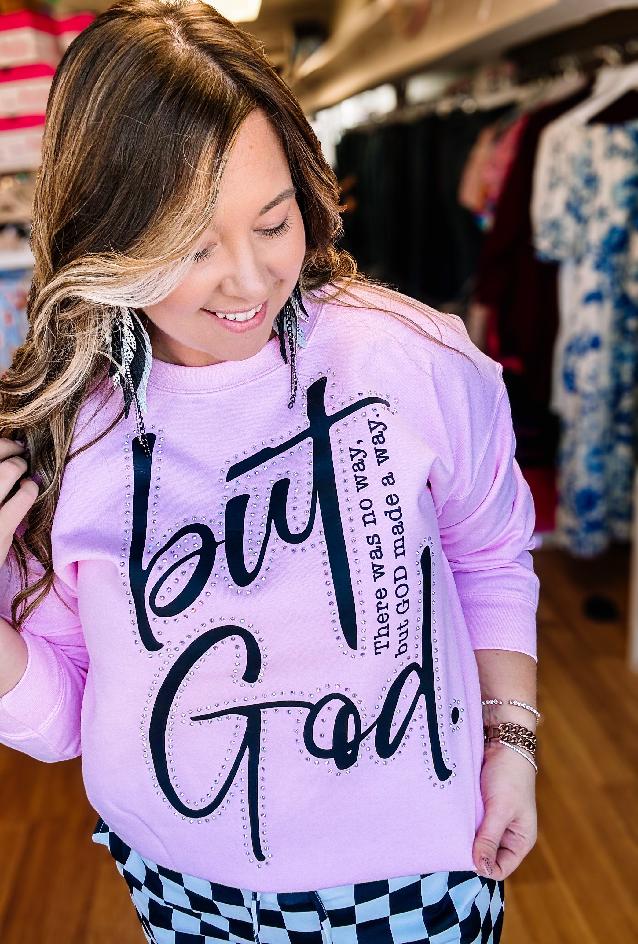 But God Rhinestone Crewneck-Dear Me Southern Boutique, located in DeRidder, Louisiana