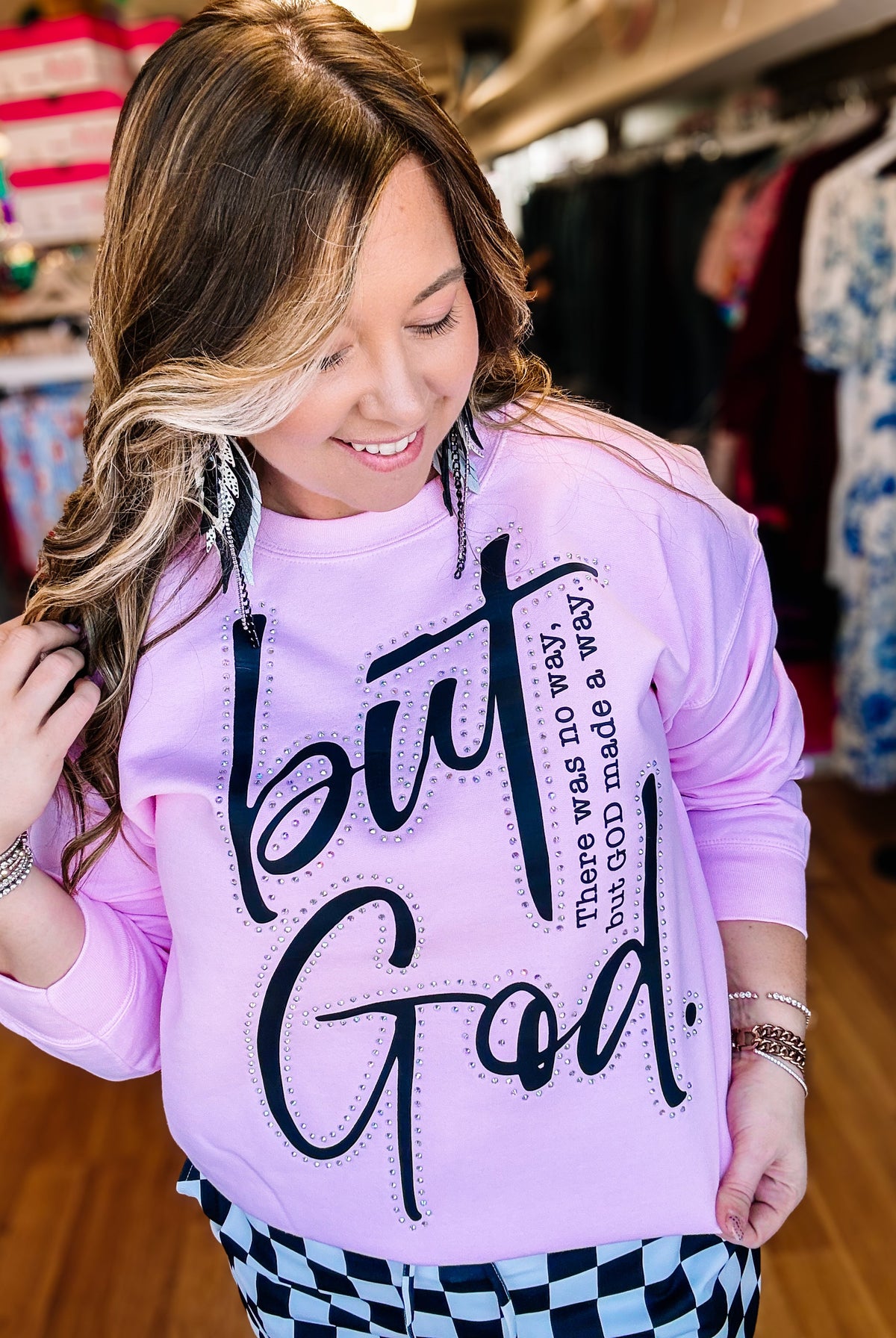 But God Rhinestone Crewneck and Tee-Tees-Dear Me Southern Boutique, located in DeRidder, Louisiana