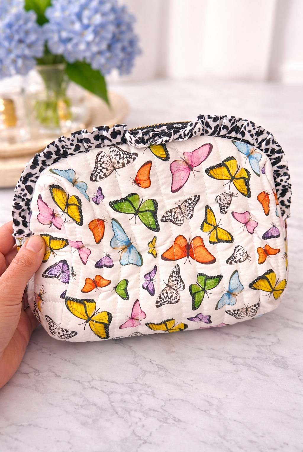 Butterfly Bliss Quilted Ruffle Toiletry Bag-Travel Bag-Dear Me Southern Boutique, located in DeRidder, Louisiana