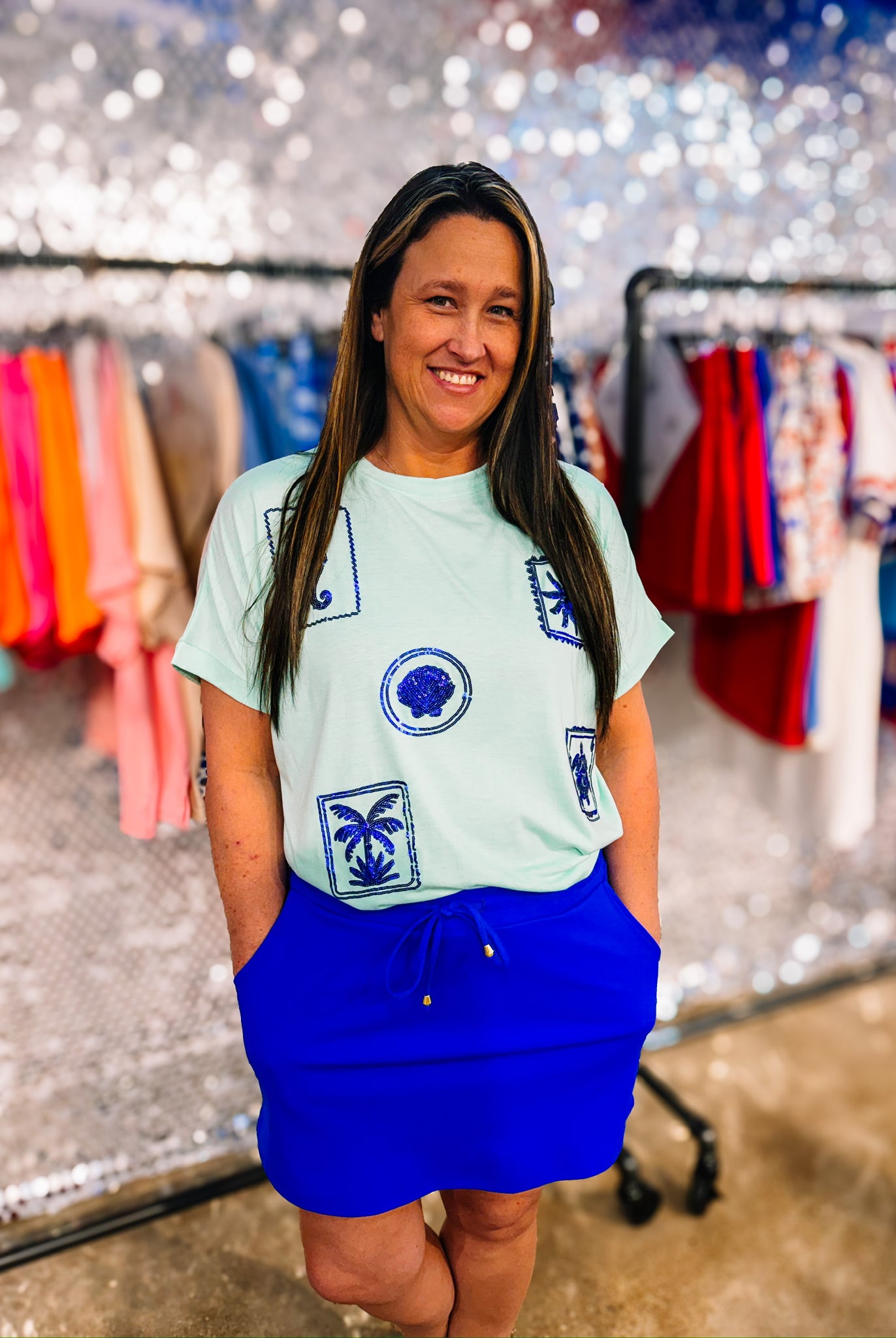 By the Sea Sequin Patch Top-Blouses-Dear Me Southern Boutique, located in DeRidder, Louisiana